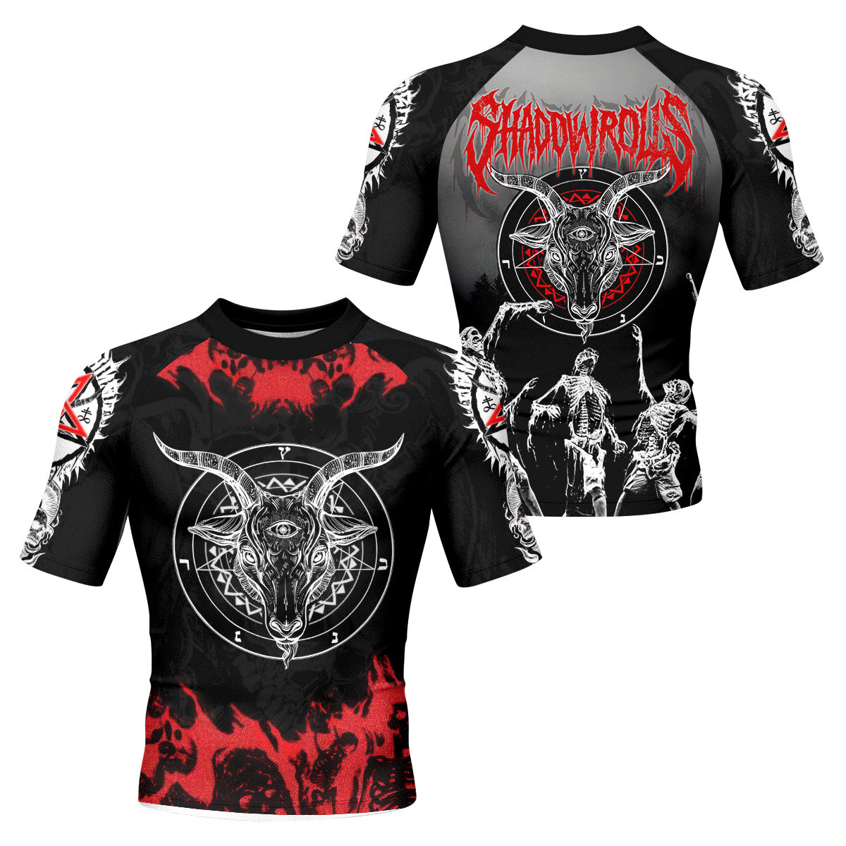 Baphomet Seal Men’s Short Sleeve Rash Guard - front and back view