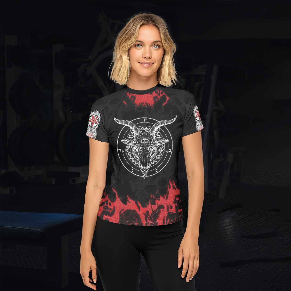 Baphomet Seal Women’s Short Sleeve Rash Guard - lifestyle view