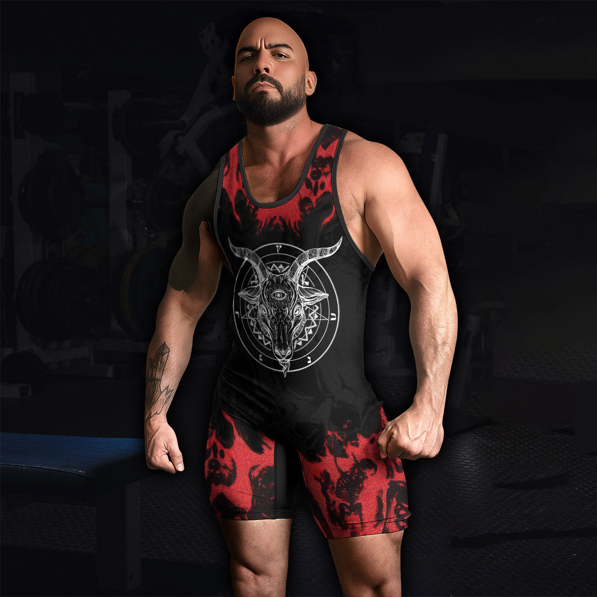 Baphomet Seal Wrestling Singlet - men's lifestyle view