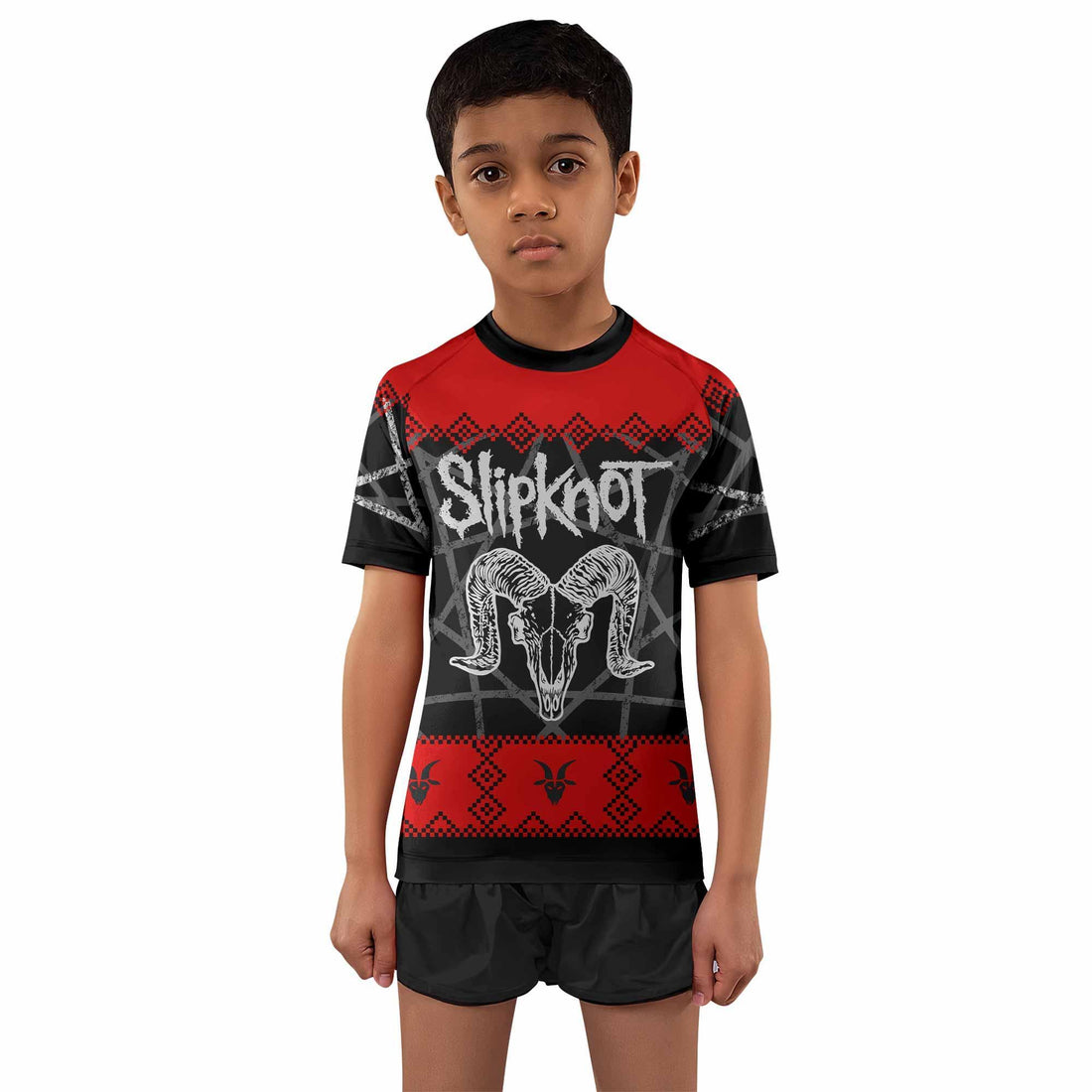Baphomet Slipknot Kids Rash Guard Short Sleeve - front and back view