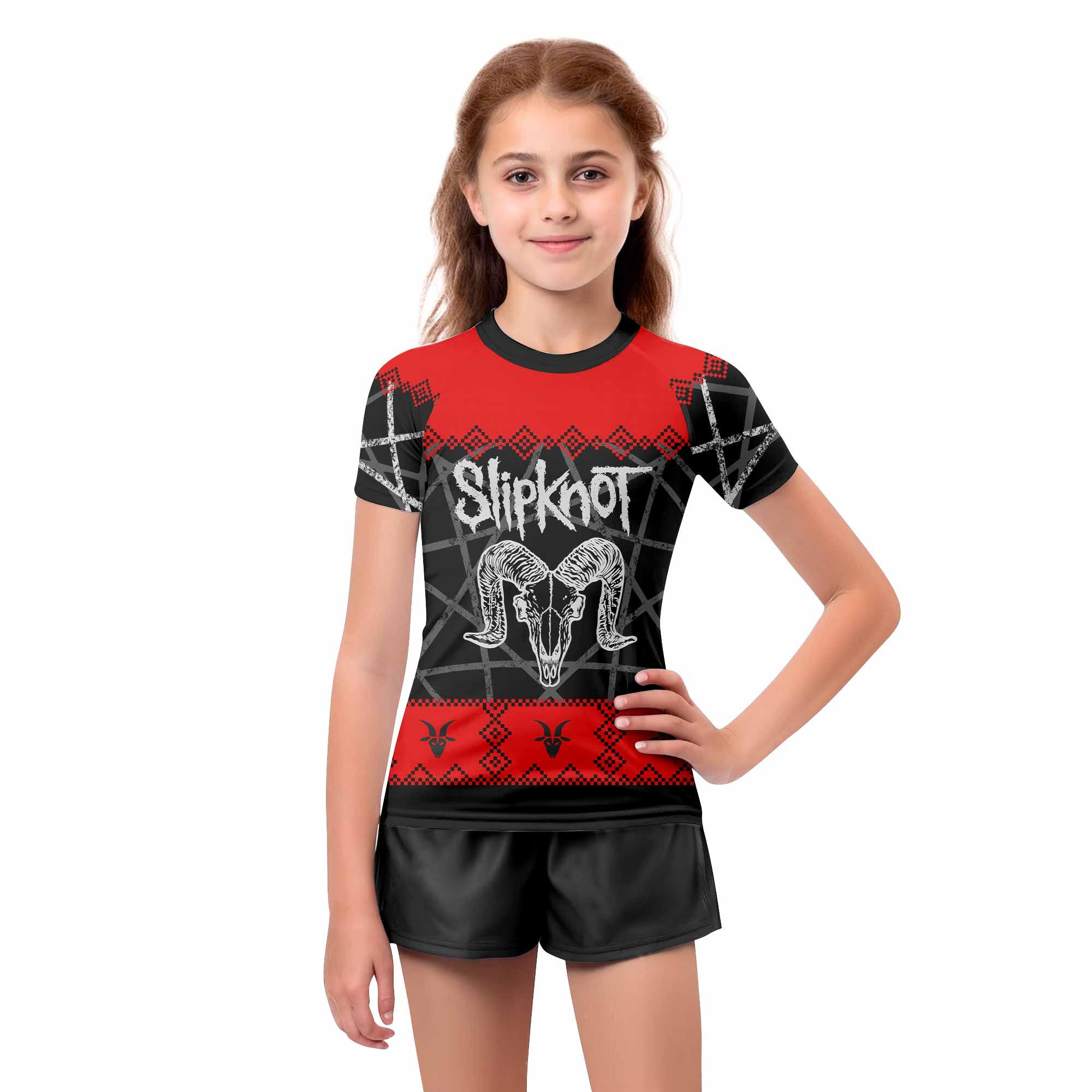 Baphomet Slipknot Kids Rash Guard Short Sleeve - girl's lifestyle view