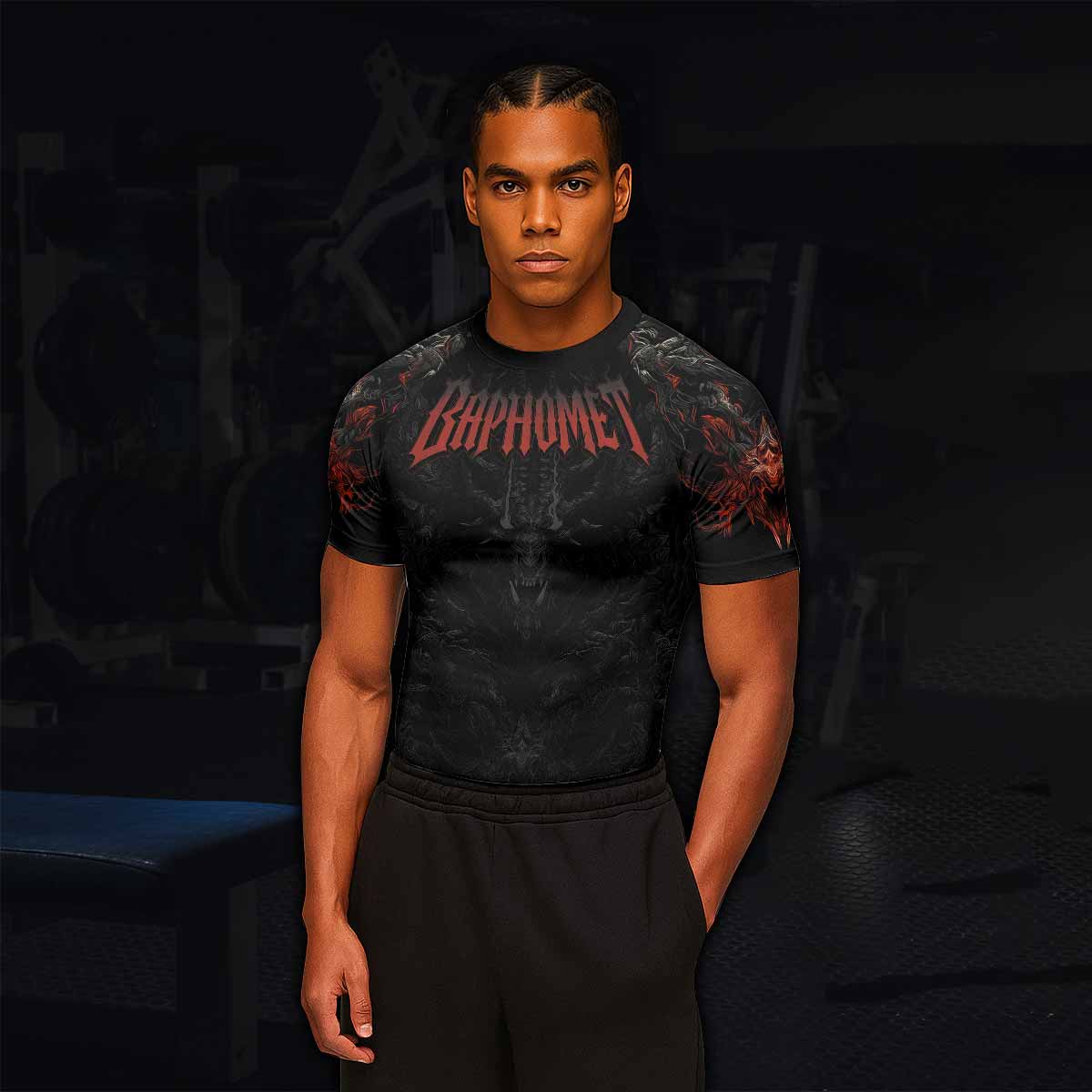 Baphomet's Wrath Men's Rash Guard Short Sleeve - lifestyle view