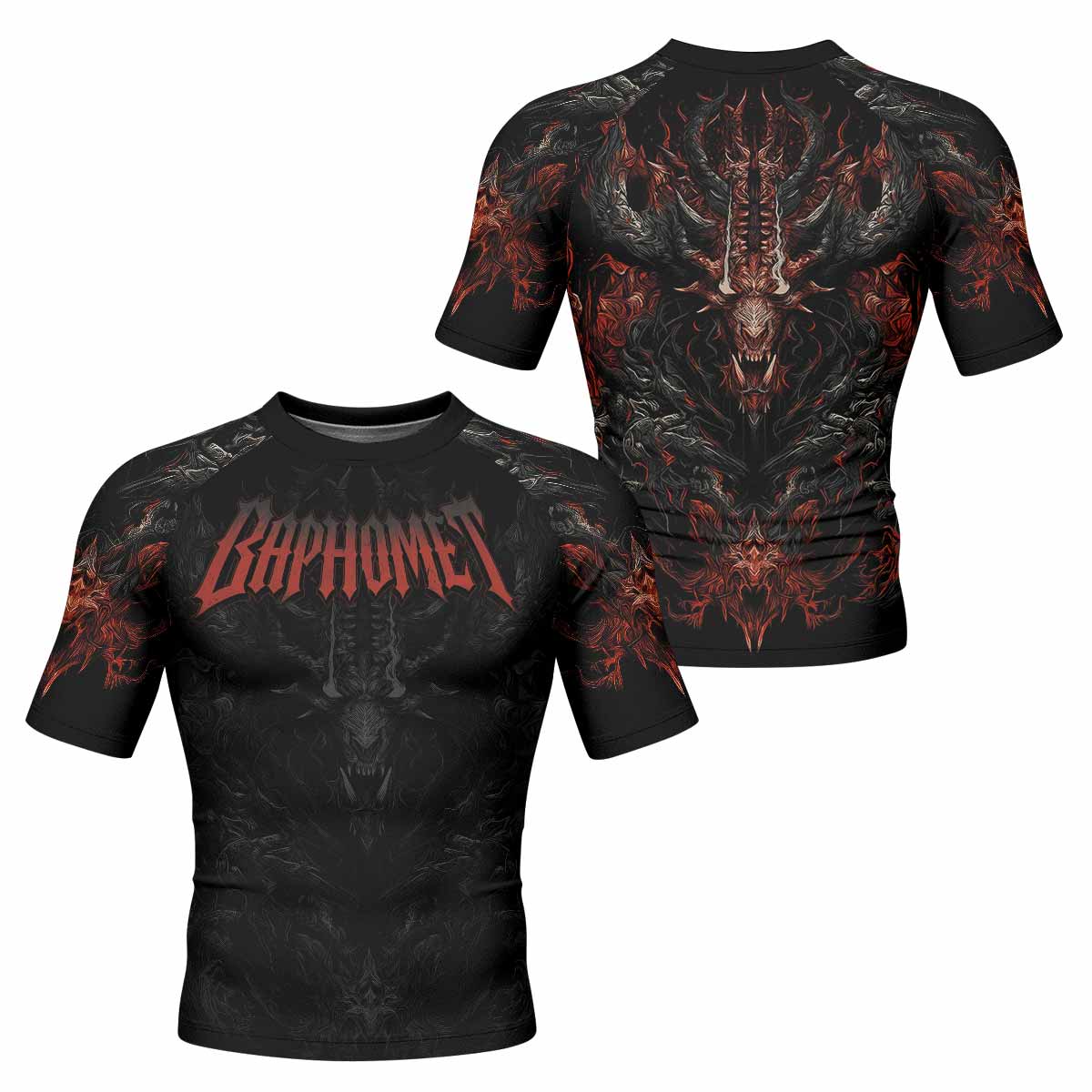 Baphomet's Wrath Men's Rash Guard Short Sleeve - front and back view