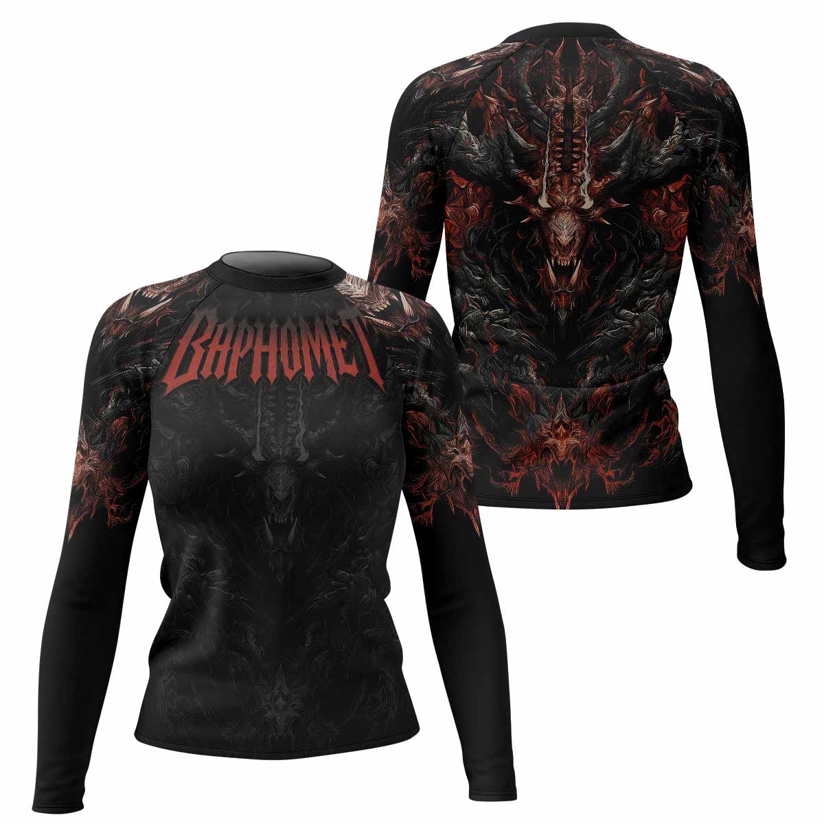 Baphomet's Wrath Women's Rash Guard Long Sleeve - front and back view
