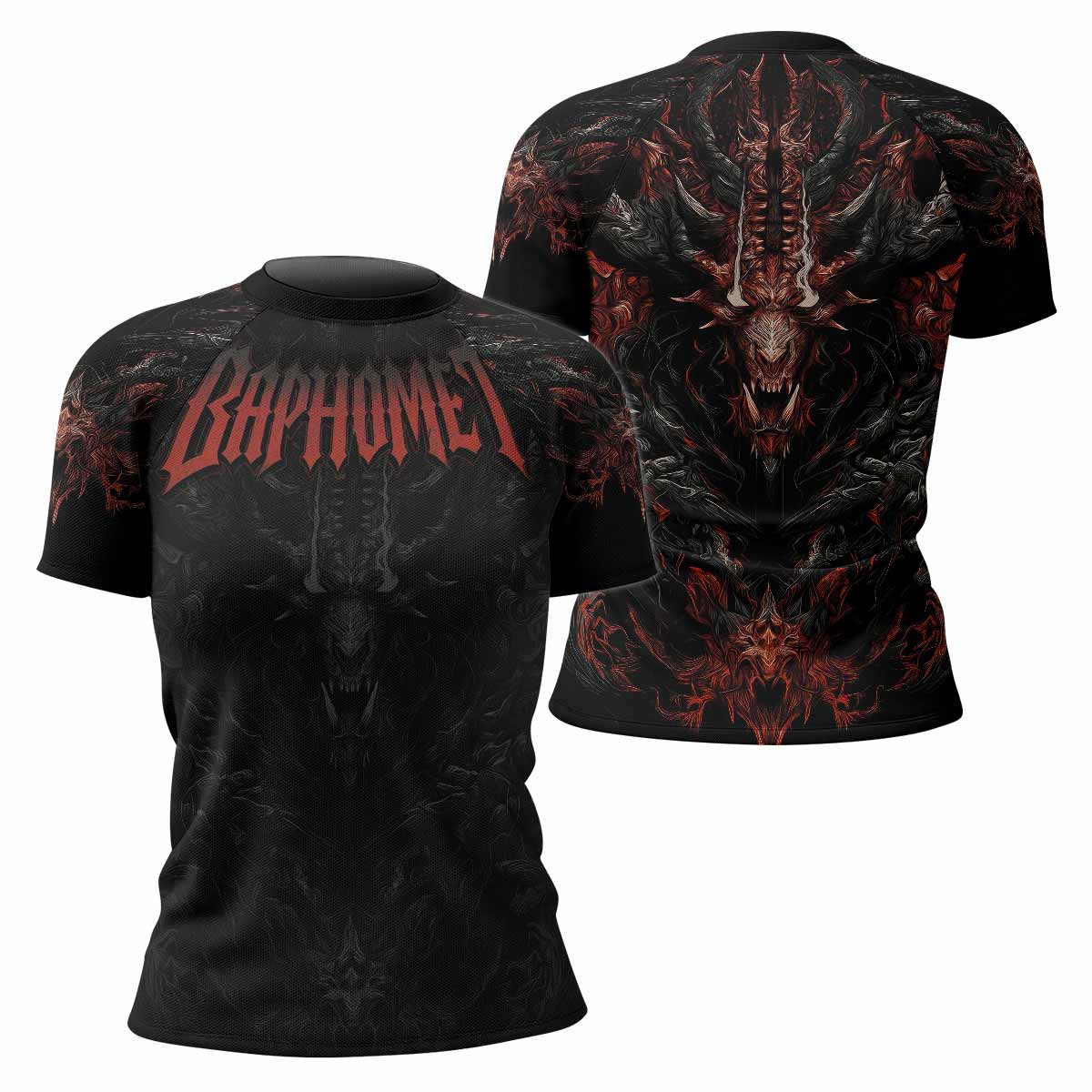 Baphomet's Wrath Women's Rash Guard Short Sleeve - front and back view