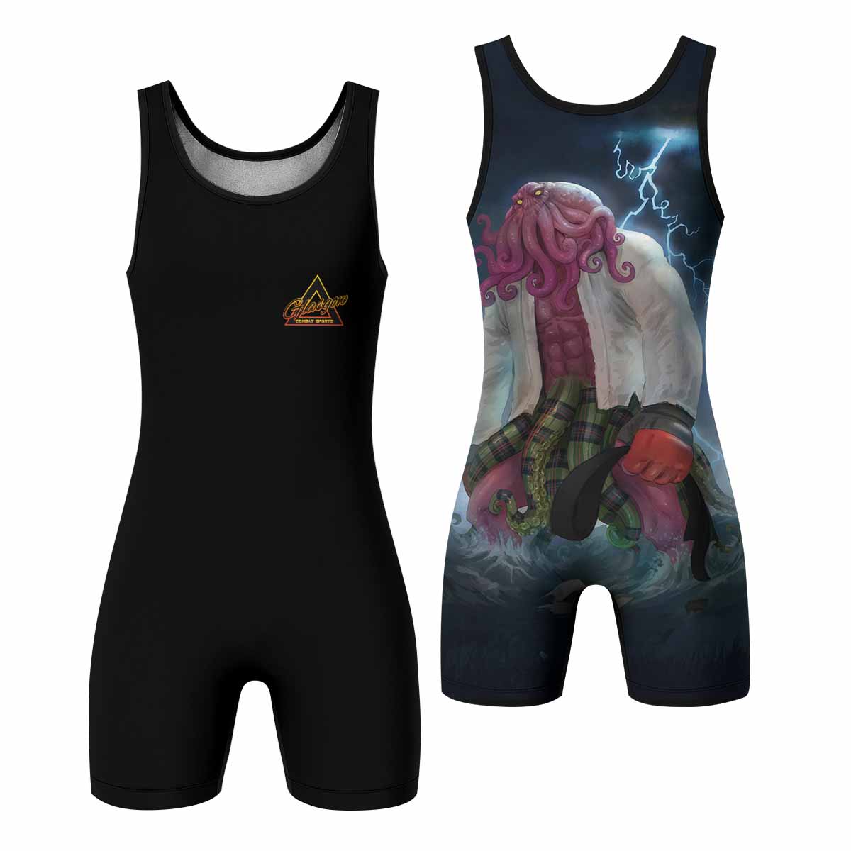 Black Ranked Cthulhu Wrestling Singlet – front and back view