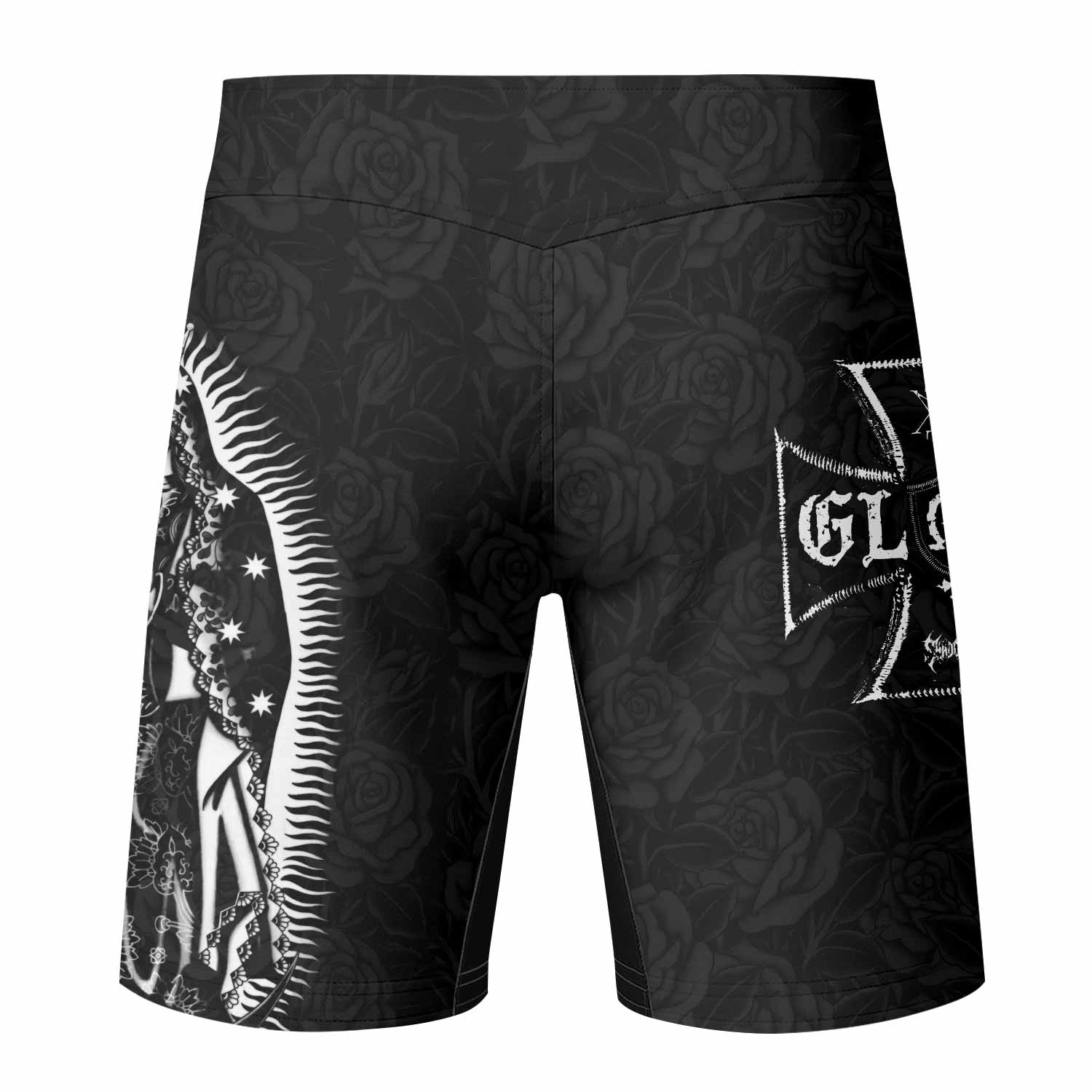 Black Rose Madonna Fight Shorts - back view mockup