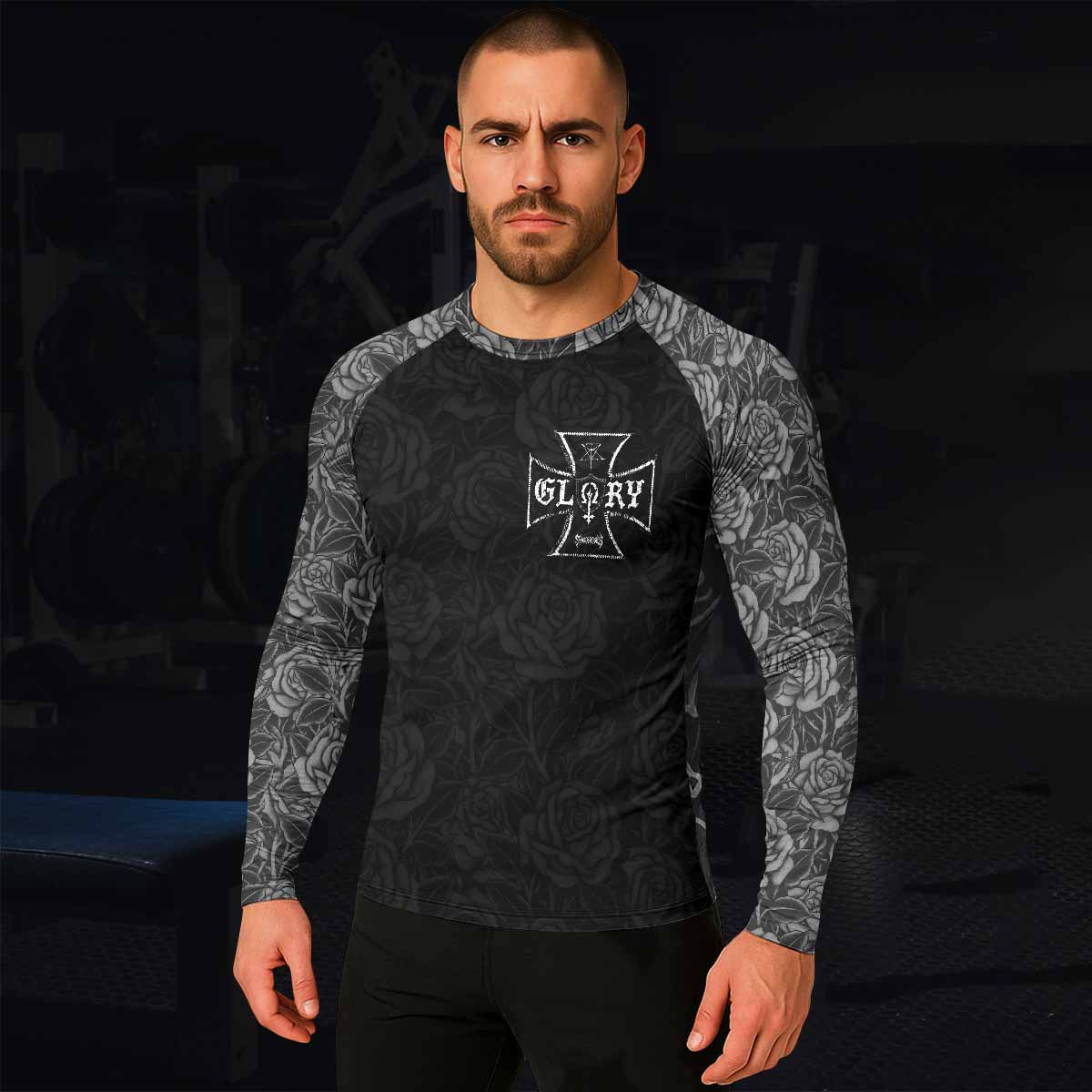 Black Rose Madonna Men's Rash Guard Long Sleeve - lifestyle view