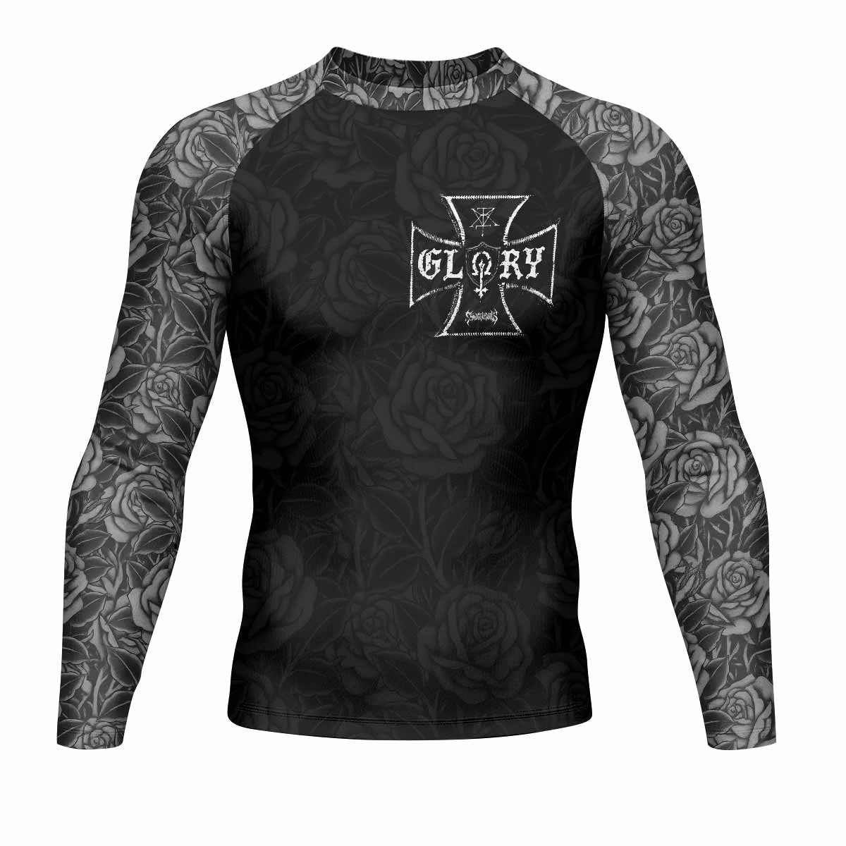 Black Rose Madonna Men's Rash Guard Long Sleeve - front view mockup 