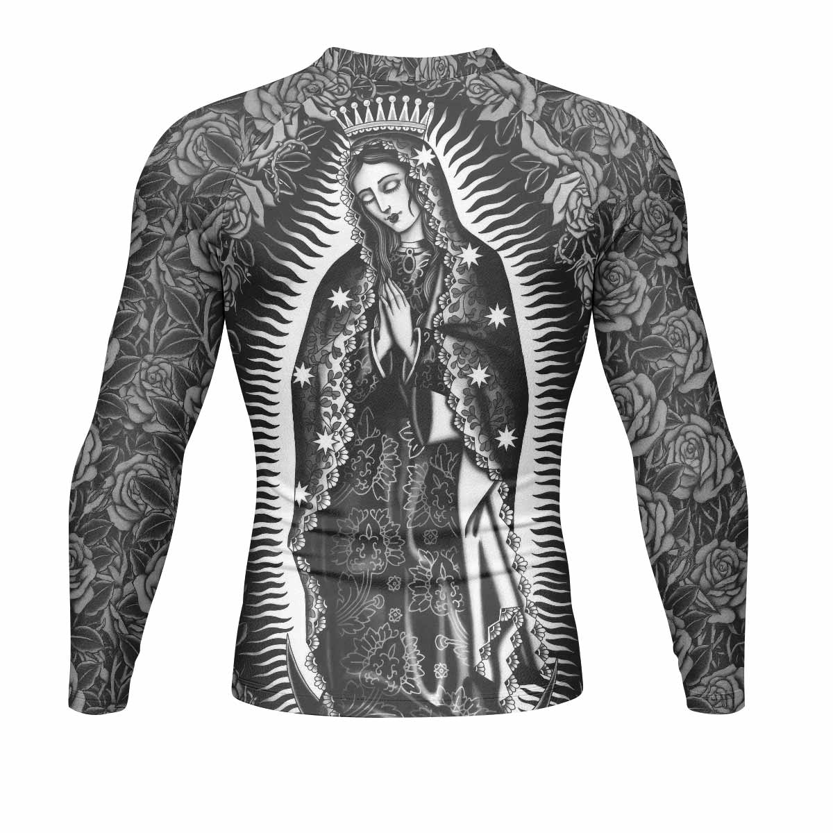 Black Rose Madonna Men's Rash Guard Long Sleeve - back view mockup 