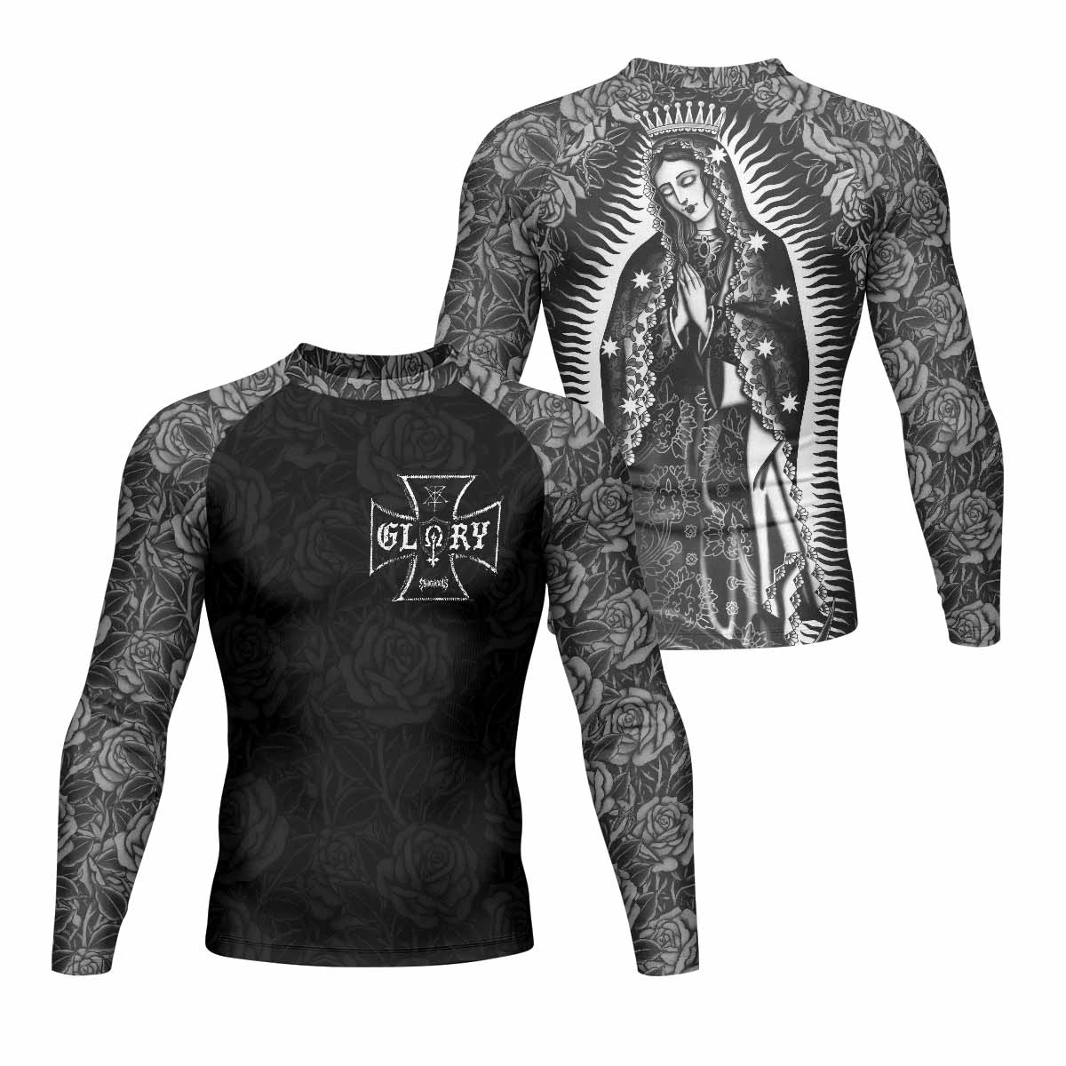Black Rose Madonna Men's Rash Guard Long Sleeve - front and back view