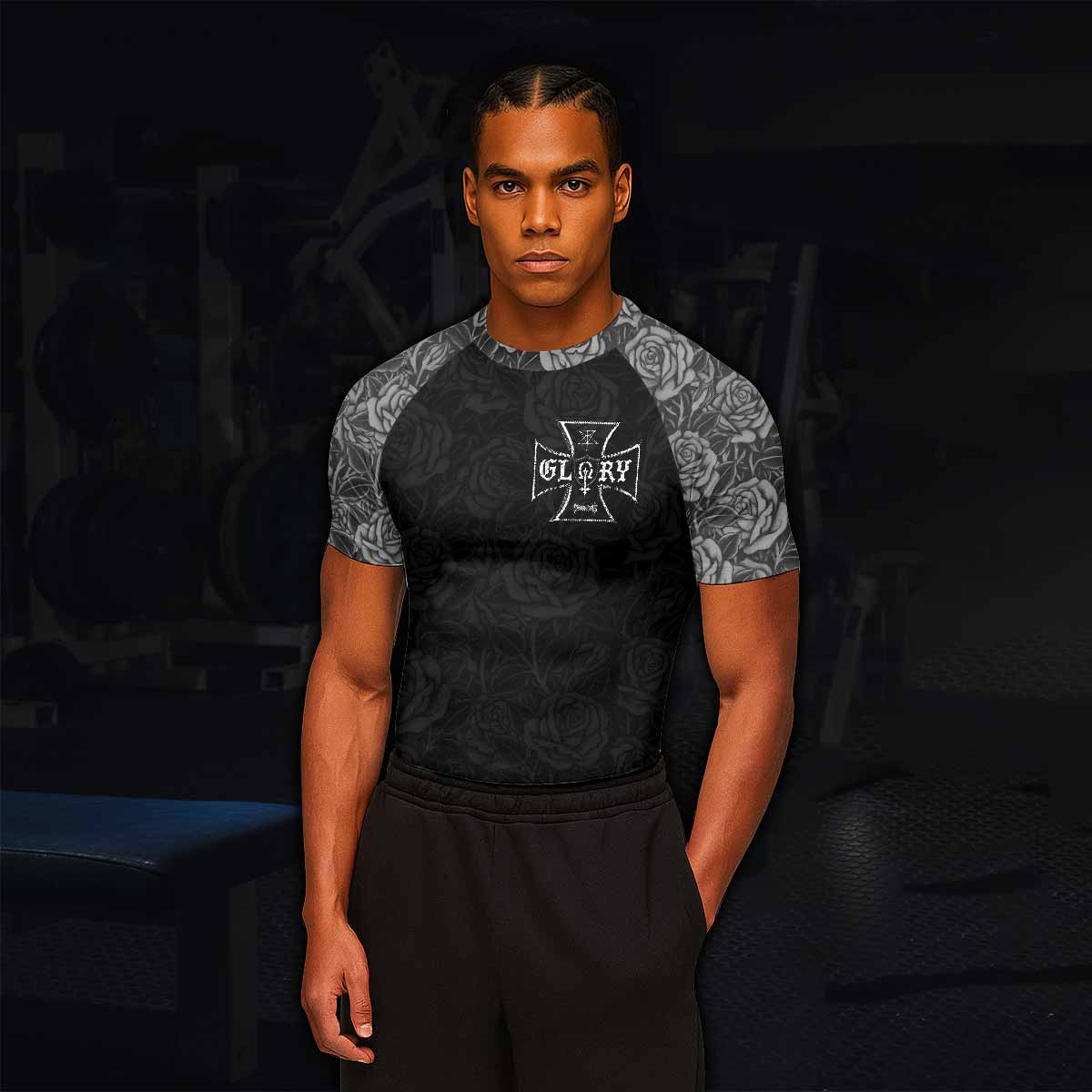 Black Rose Madonna Men's Rash Guard Short Sleeve - lifestyle view