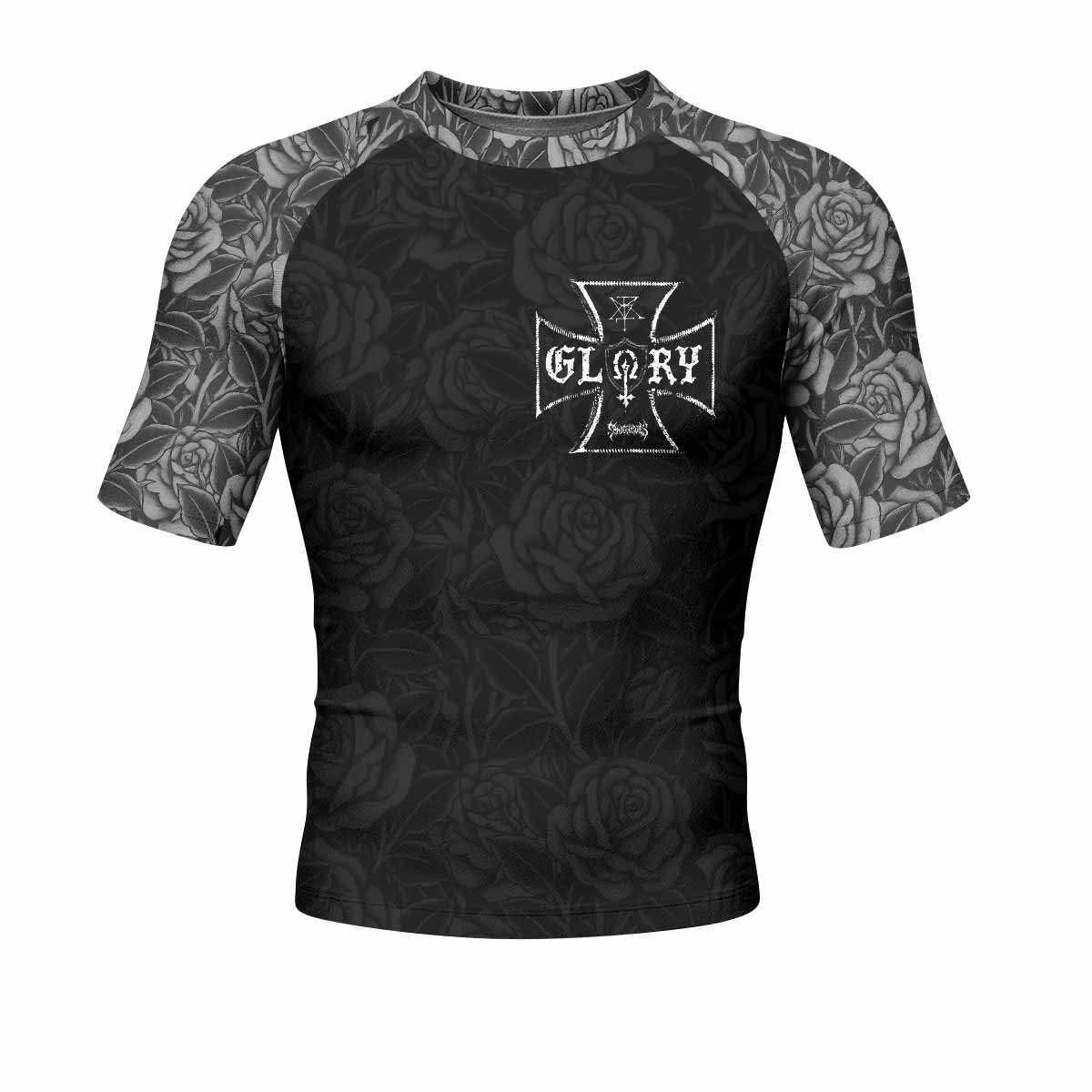 Black Rose Madonna Men's Rash Guard Short Sleeve - front view mockup 