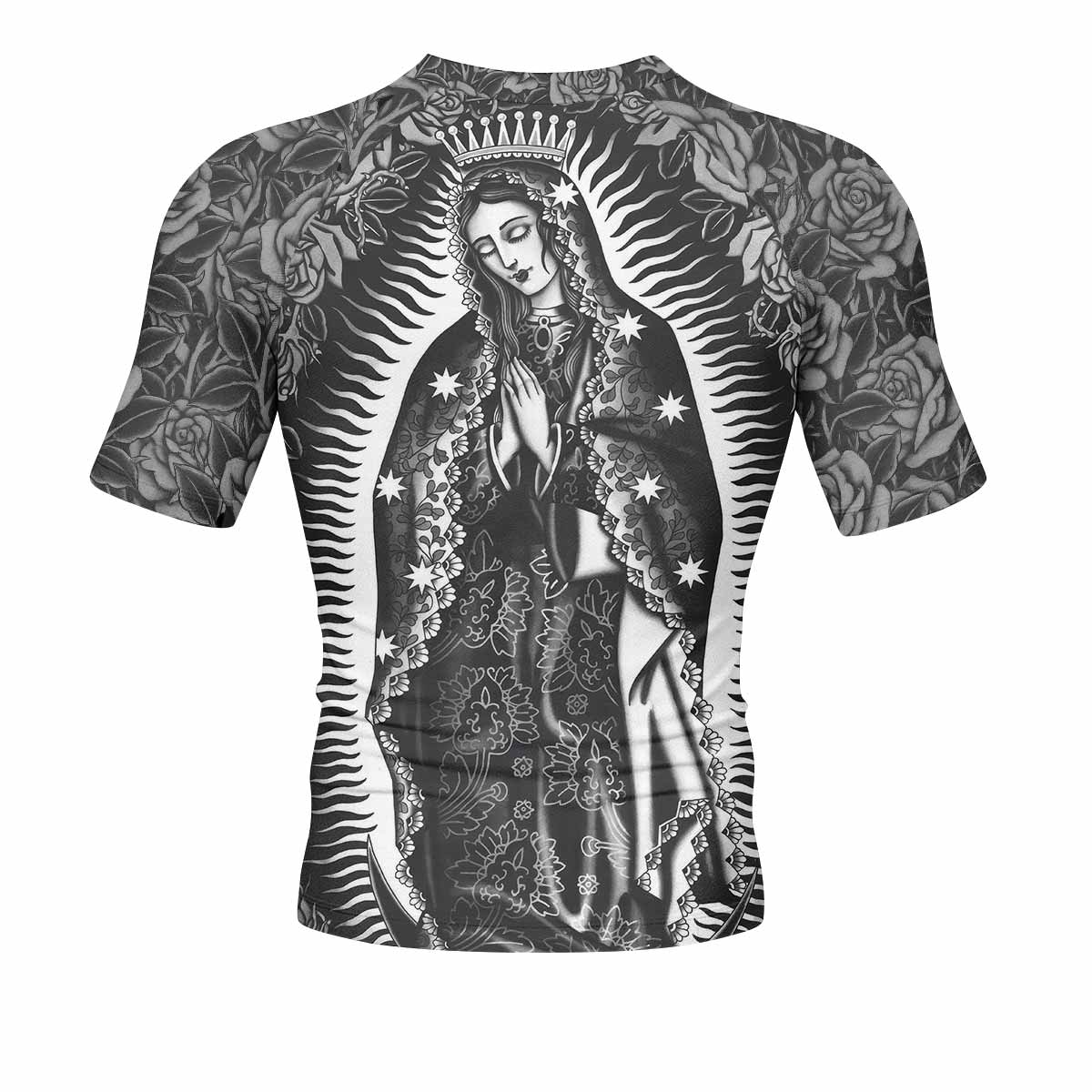 Black Rose Madonna Men's Rash Guard Short Sleeve - back view mockup 