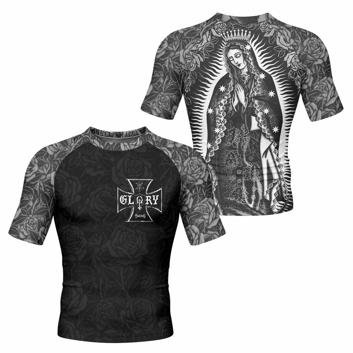 Black Rose Madonna Men's Rash Guard Short Sleeve - front and back view