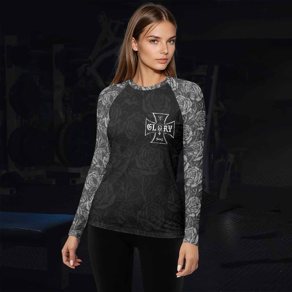 Black Rose Madonna Women's Rash Guard Long Sleeve - lifestyle view