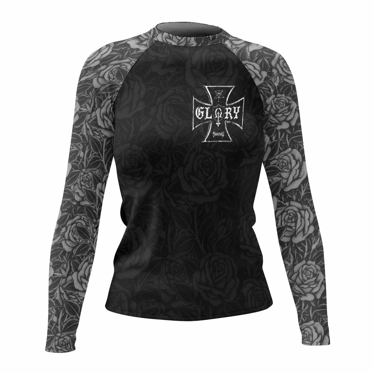 Black Rose Madonna Women's Rash Guard Long Sleeve - front view mockup 