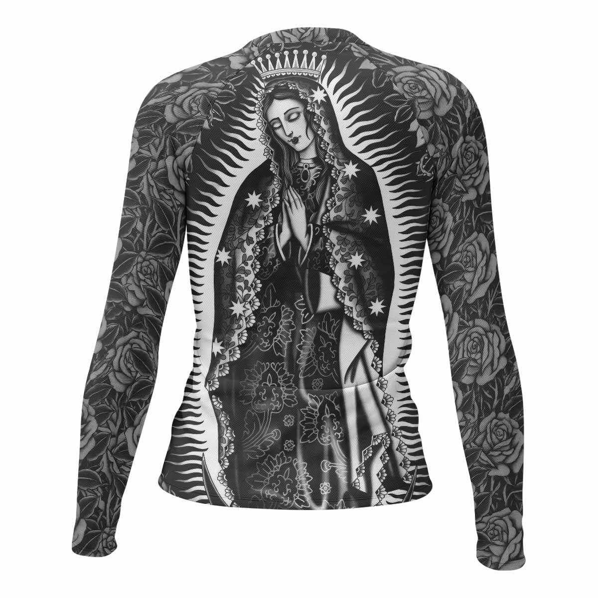 Black Rose Madonna Women's Rash Guard Long Sleeve - back view mockup 