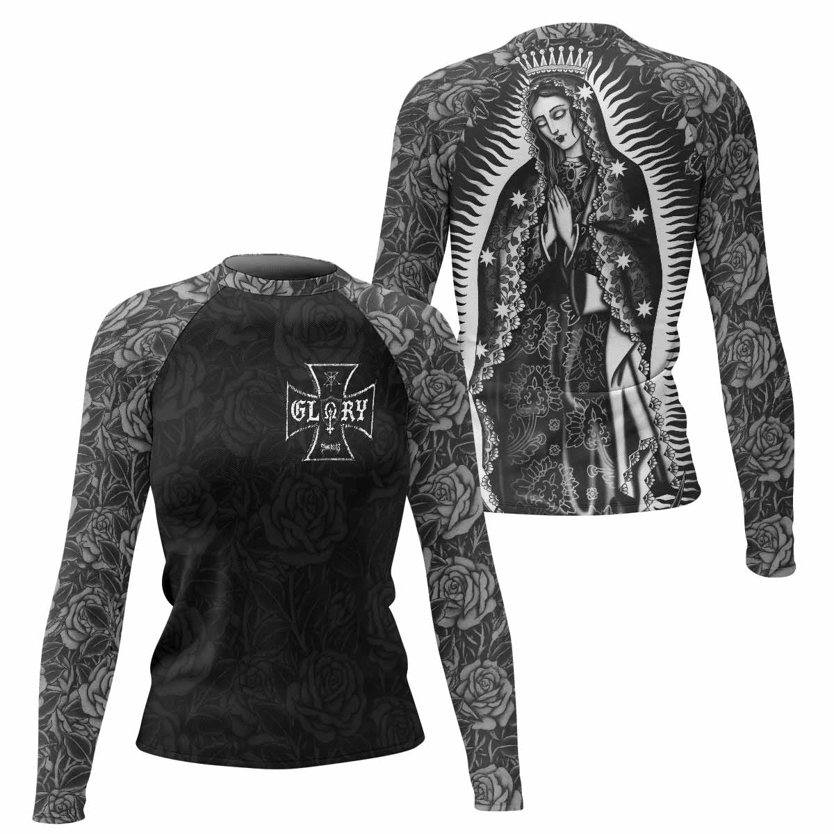 Black Rose Madonna Women's Rash Guard Long Sleeve - front and back view