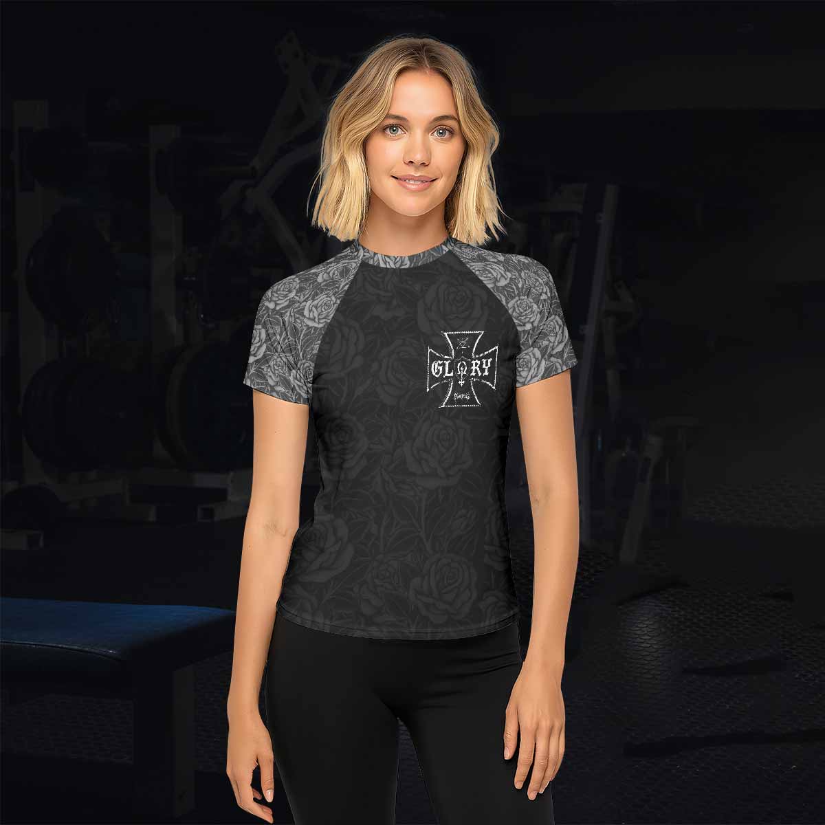 Black Rose Madonna Women's Rash Guard Short Sleeve - lifestyle view