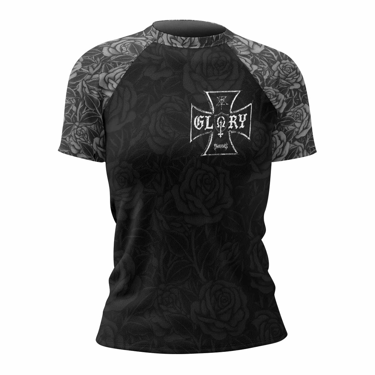 Black Rose Madonna Women's Rash Guard Short Sleeve - front view mockup 