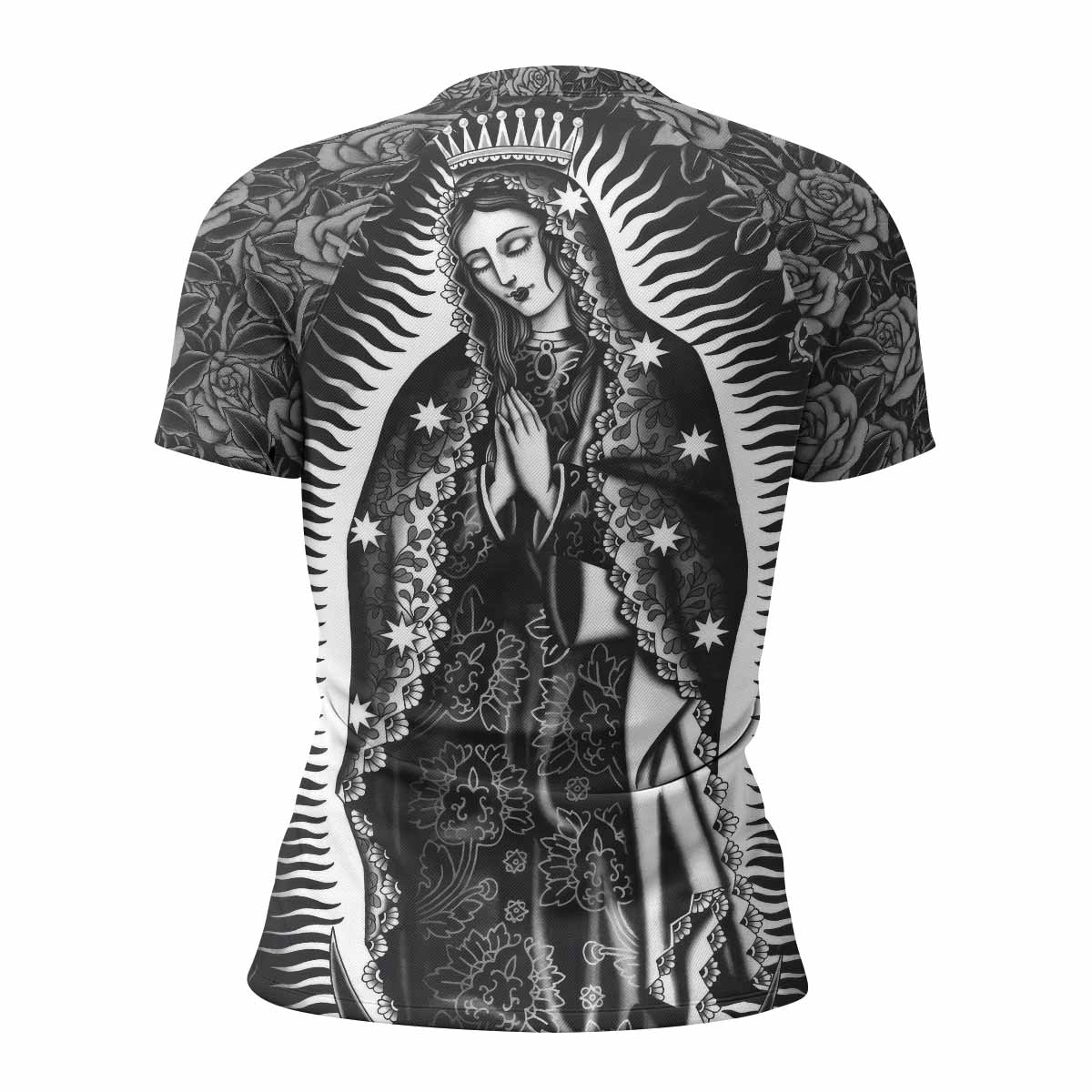 Black Rose Madonna Women's Rash Guard Short Sleeve - back view mockup 