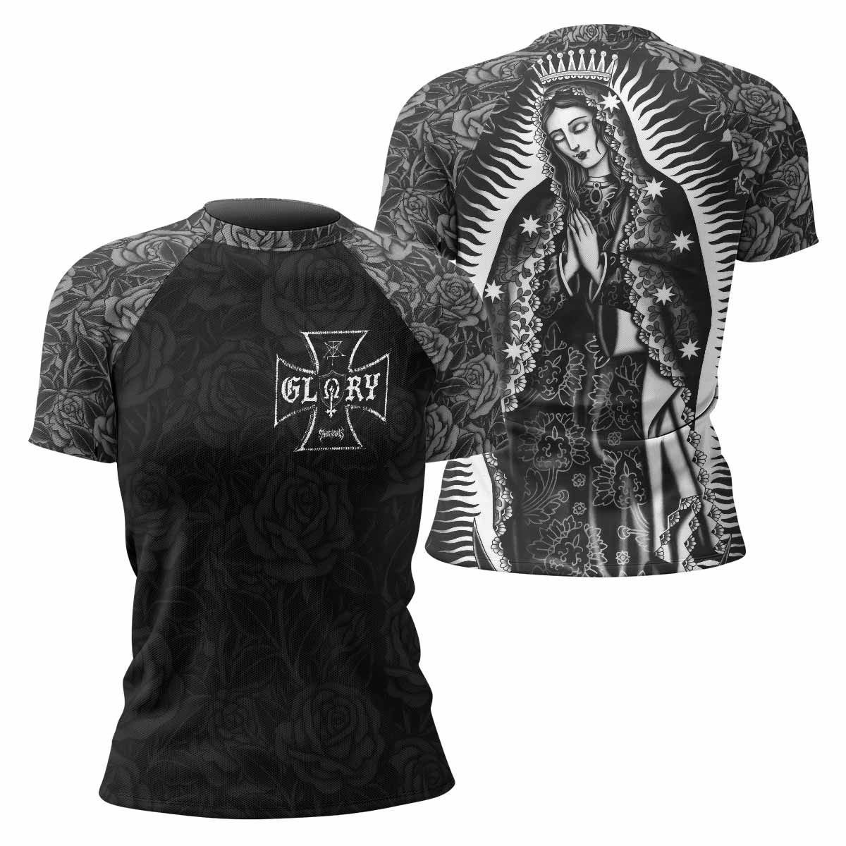 Black Rose Madonna Women's Rash Guard Short Sleeve - front and back view