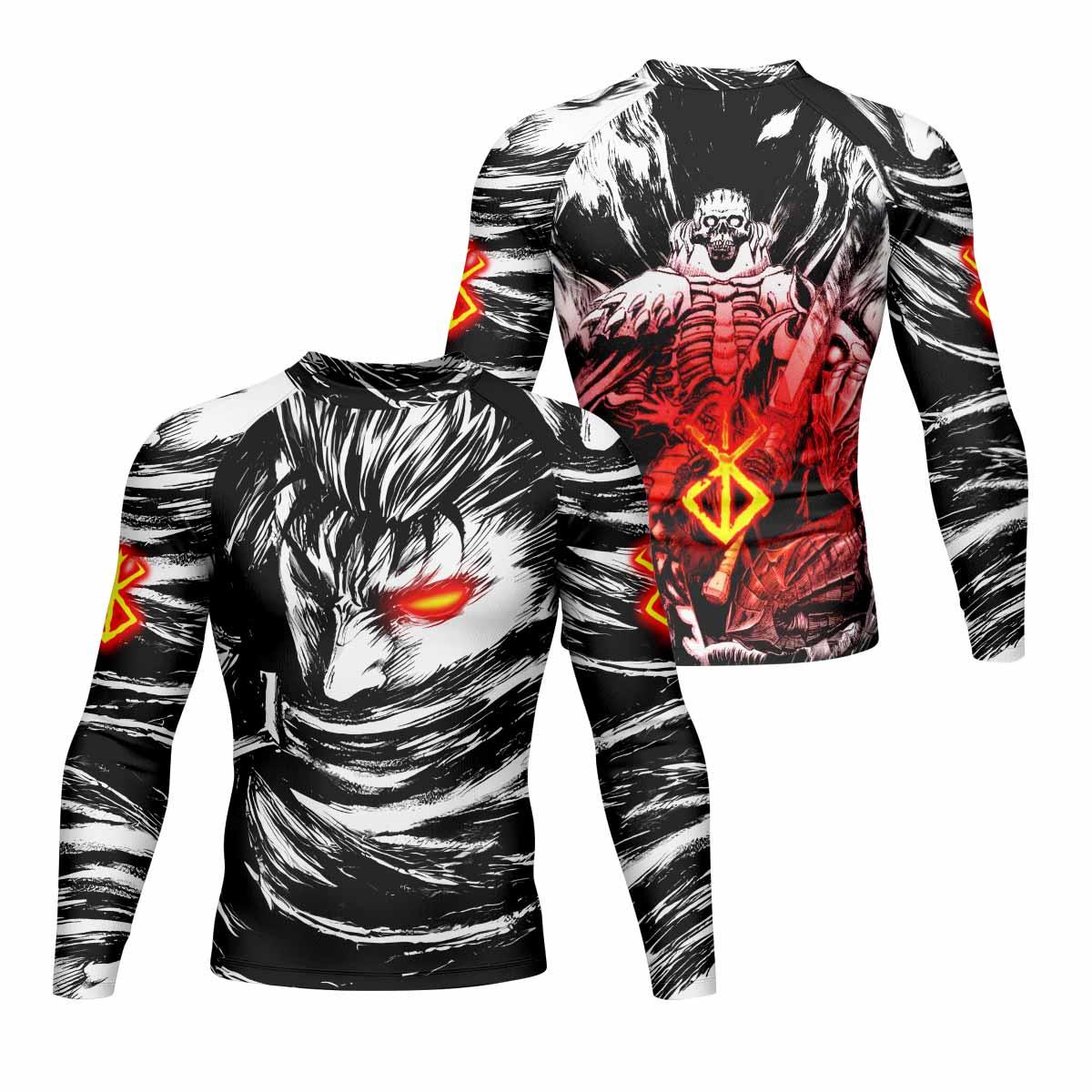 Black Swordsman Berserk Men's Rash Guard Long Sleeve - front and back view