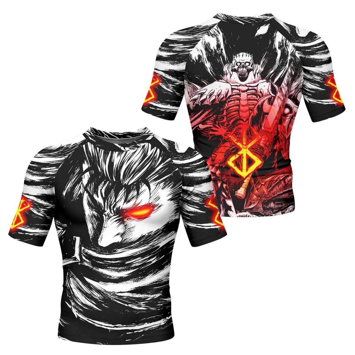 Black Swordsman Berserk Men's Rash Guard Short Sleeve - front and back view