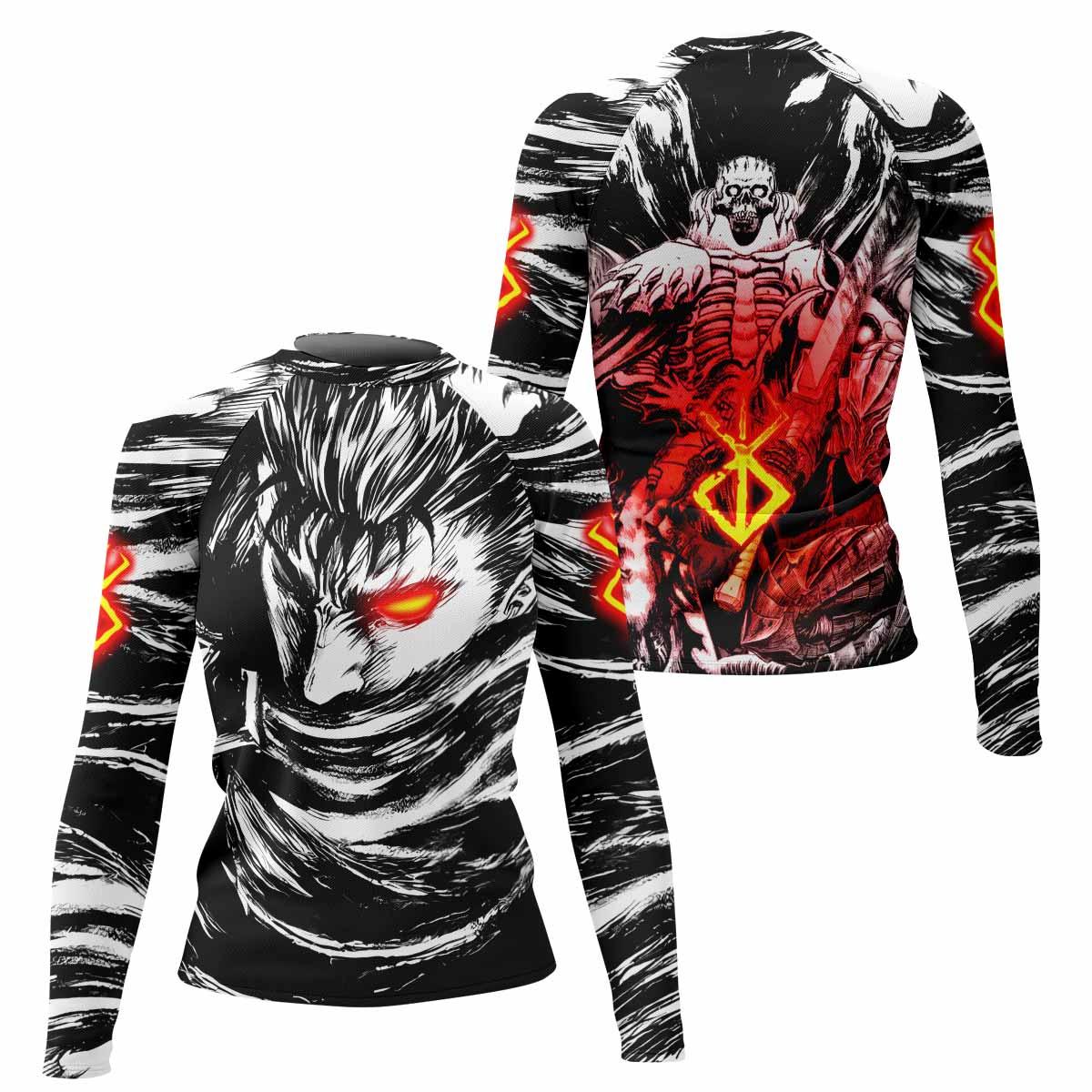 Black Swordsman Berserk Women's Rash Guard Long Sleeve - front and back view