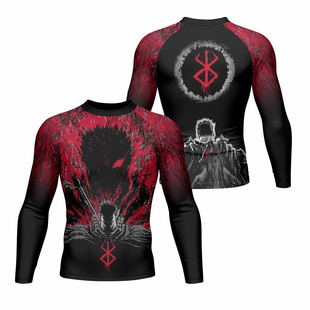 Black Swordsman Men's Rash Guard Long Sleeve - front and back view