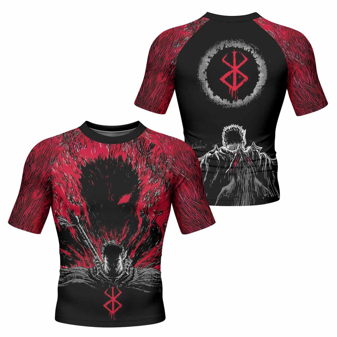 Black Swordsman Men's Rash Guard Short Sleeve - front and back view