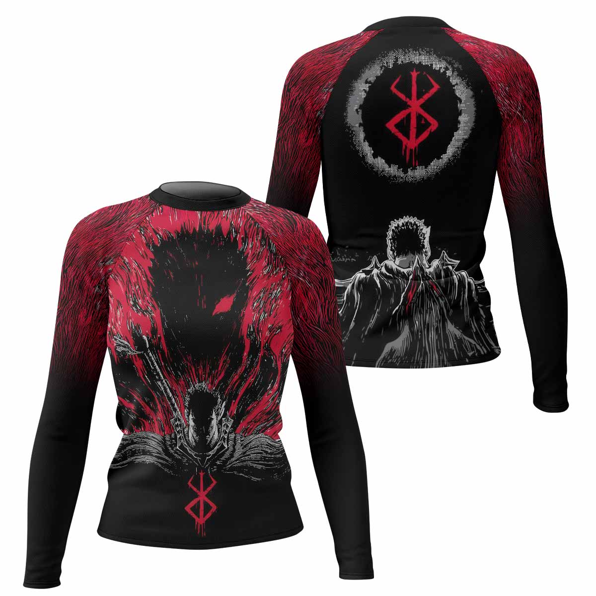 Black Swordsman Women's Rash Guard Long Sleeve - front and back view
