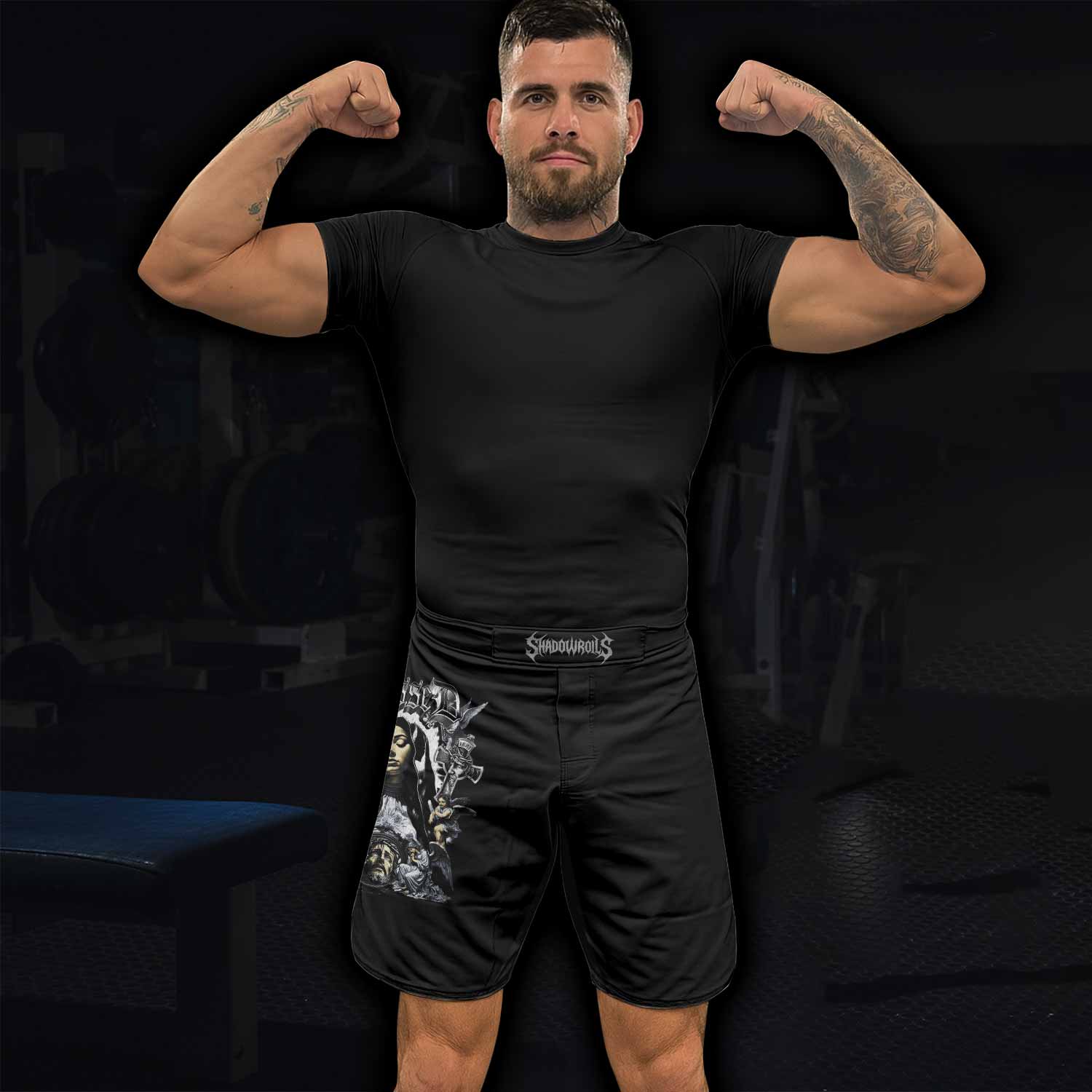 Blessed Saint Fight Shorts – lifestyle view