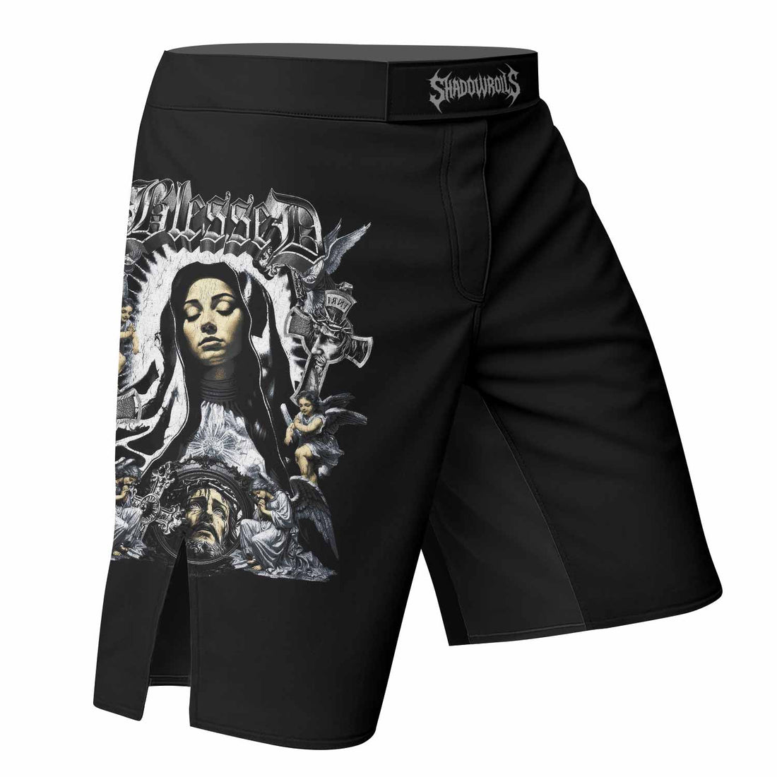 Blessed Saint Fight Shorts – right side mockup