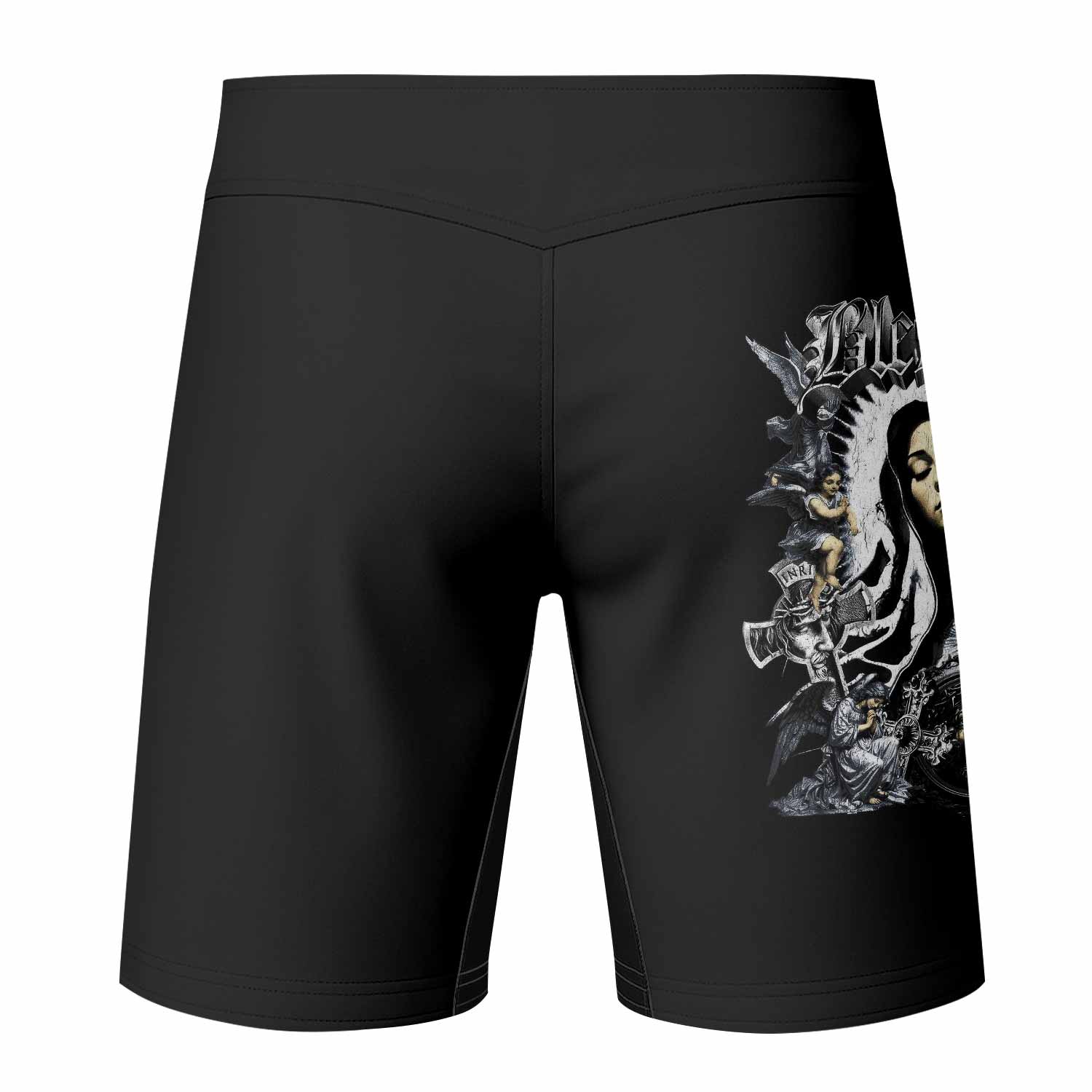 Blessed Saint Fight Shorts – back view mockup