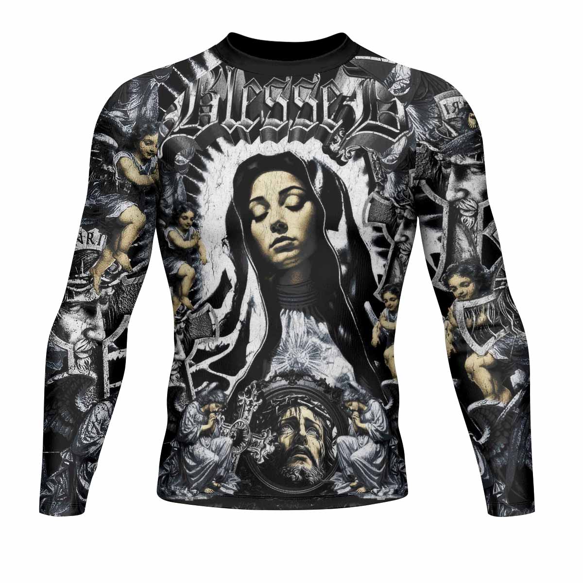 Blessed Saint Men's Rash Guard Long Sleeve – front view mockup 