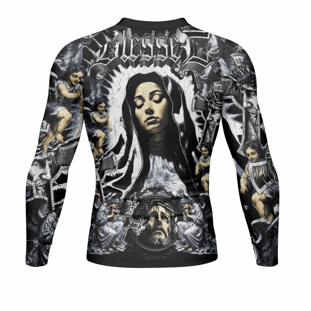 Blessed Saint Men's Rash Guard Long Sleeve – back view mockup 