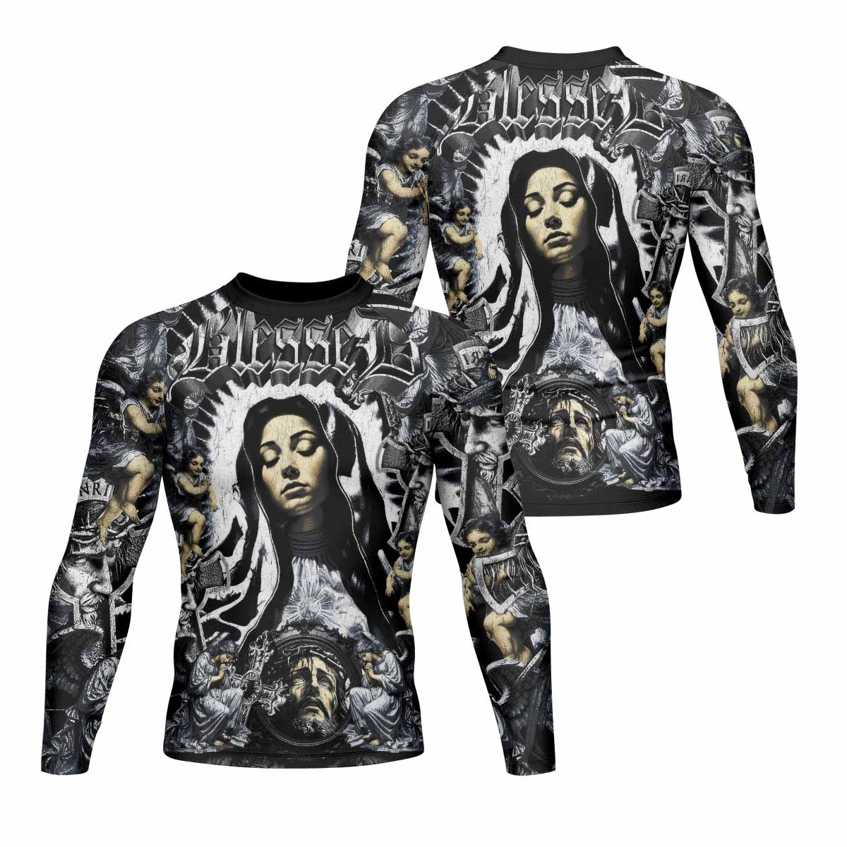 Blessed Saint Men's Rash Guard Long Sleeve – front and back view