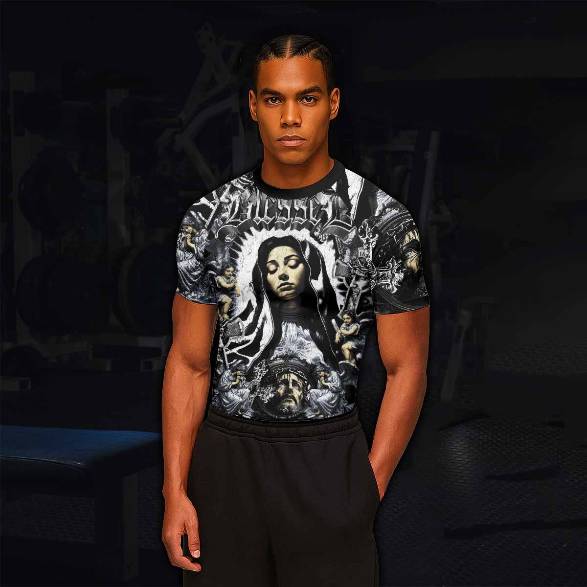 Blessed Saint Men's Rash Guard Short Sleeve – lifestyle view