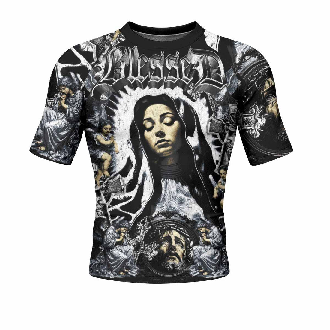 Blessed Saint Men's Rash Guard Short Sleeve – front and back view