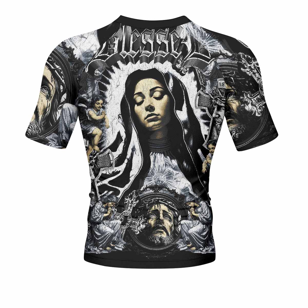 Blessed Saint Men's Rash Guard Short Sleeve – back view mockup 