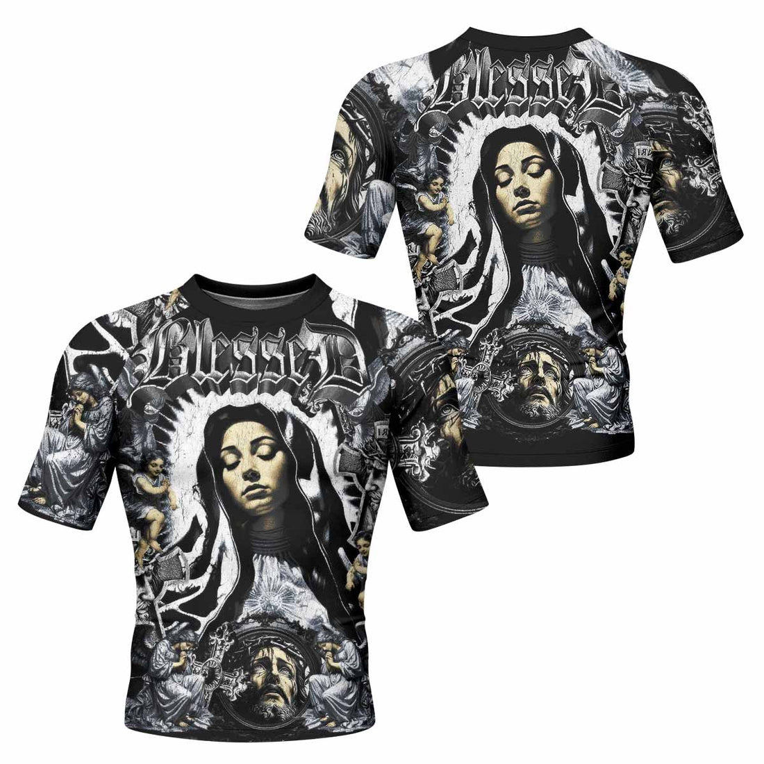 Blessed Saint Men's Rash Guard Short Sleeve – front and back view