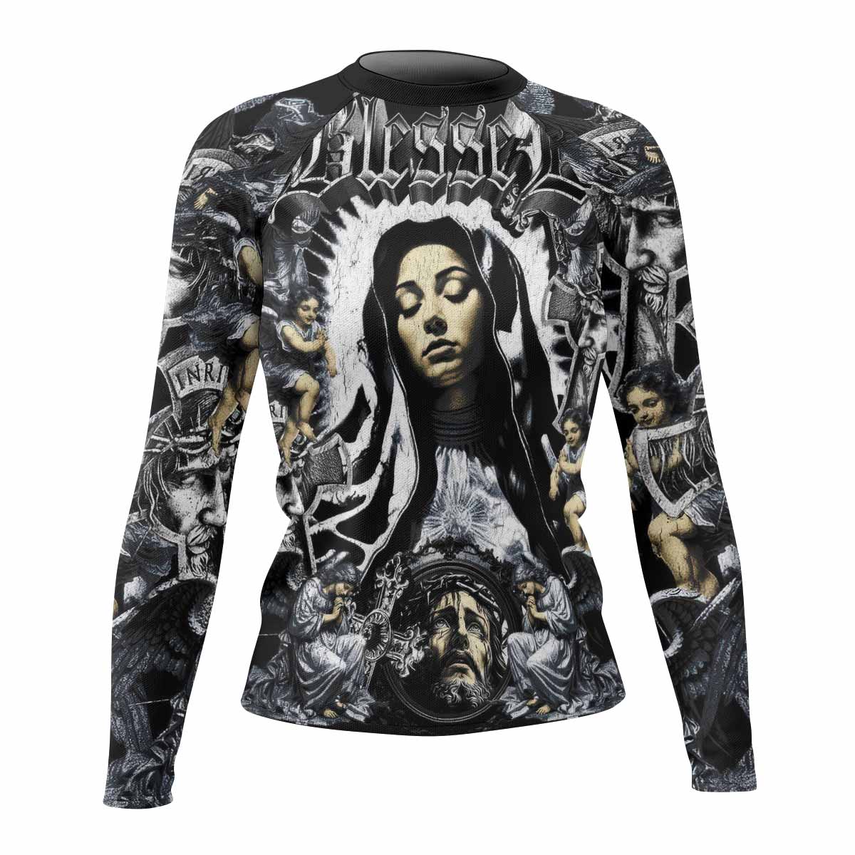 Blessed Saint Women's Rash Guard Long Sleeve – front view mockup 