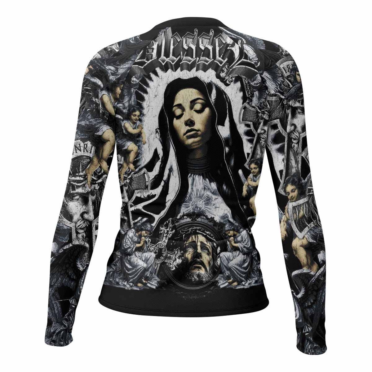 Blessed Saint Women's Rash Guard Long Sleeve – back view mockup 