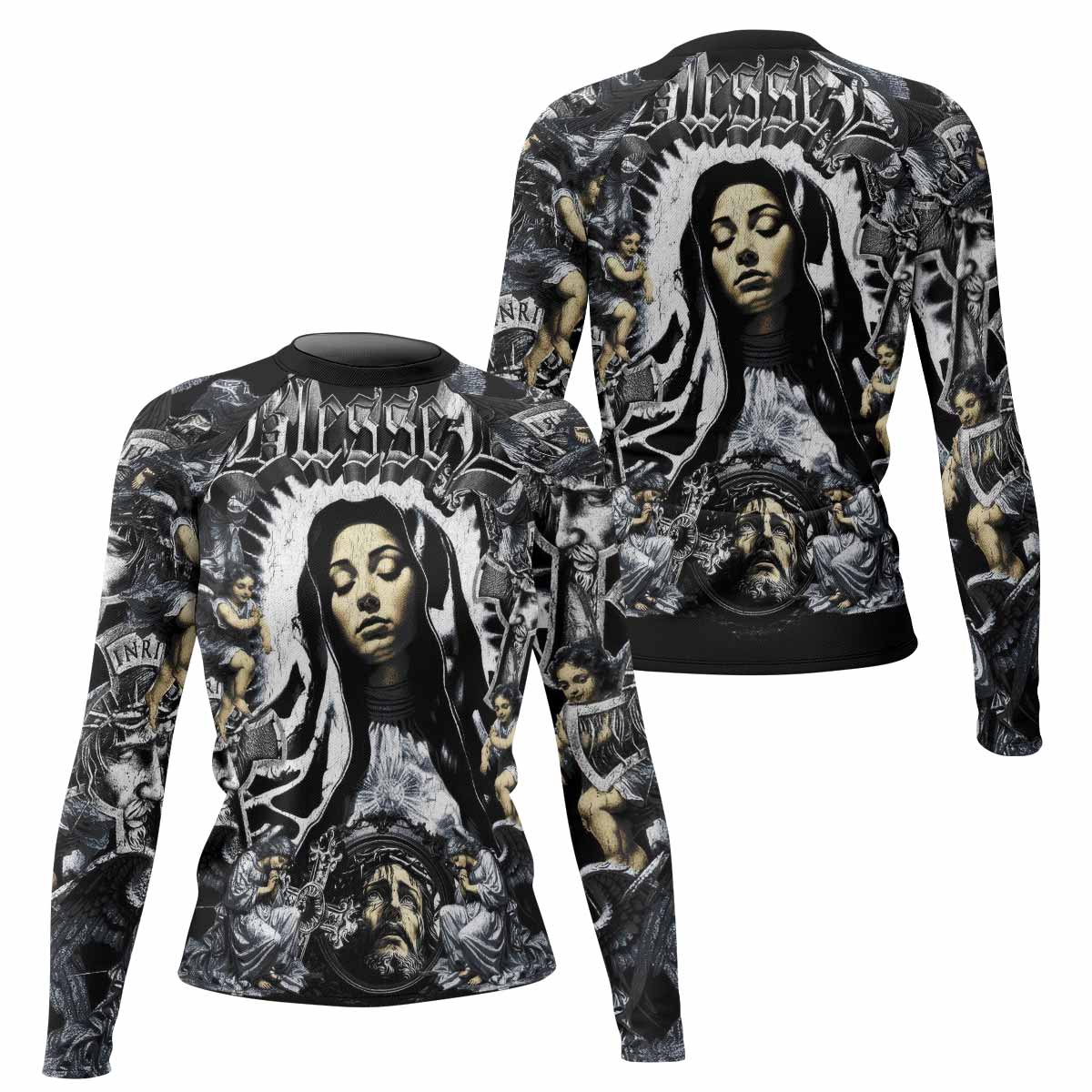 Blessed Saint Women's Rash Guard Long Sleeve – front and back view