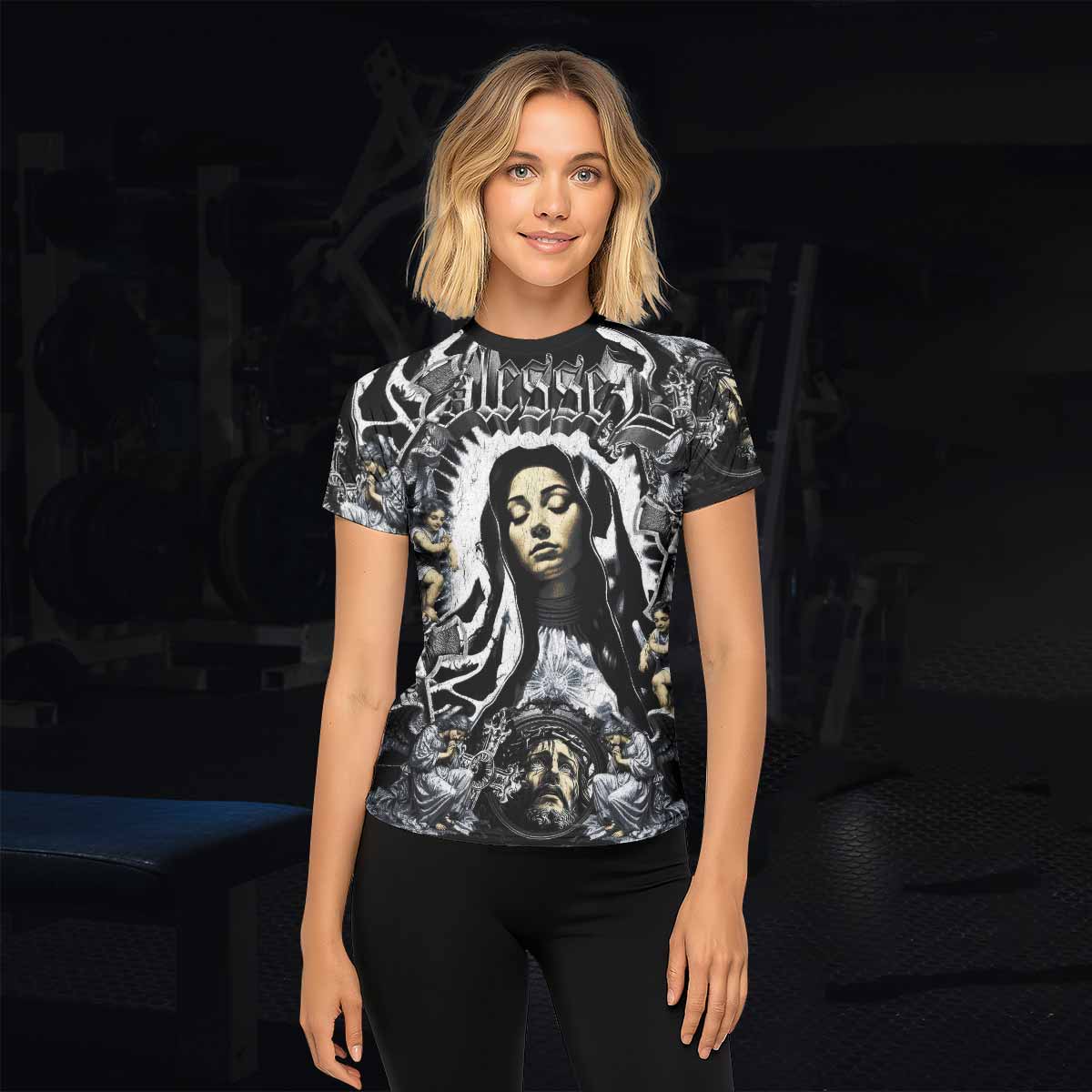 Blessed Saint Women's Rash Guard Short Sleeve – lifestyle view
