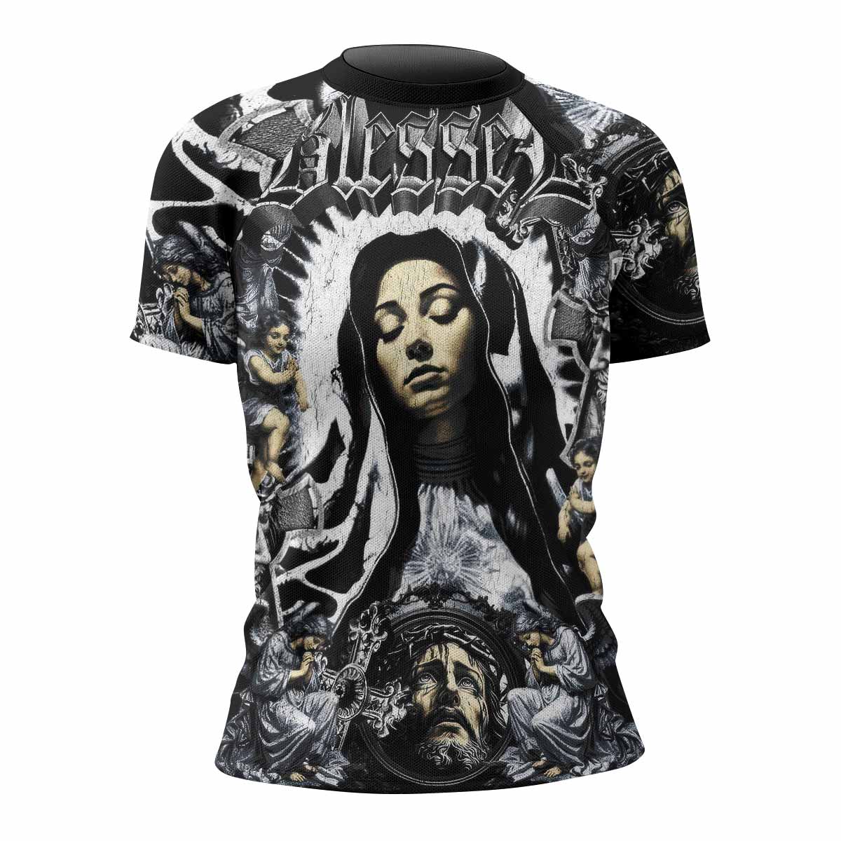 Blessed Saint Women's Rash Guard Short Sleeve – front view mockup 