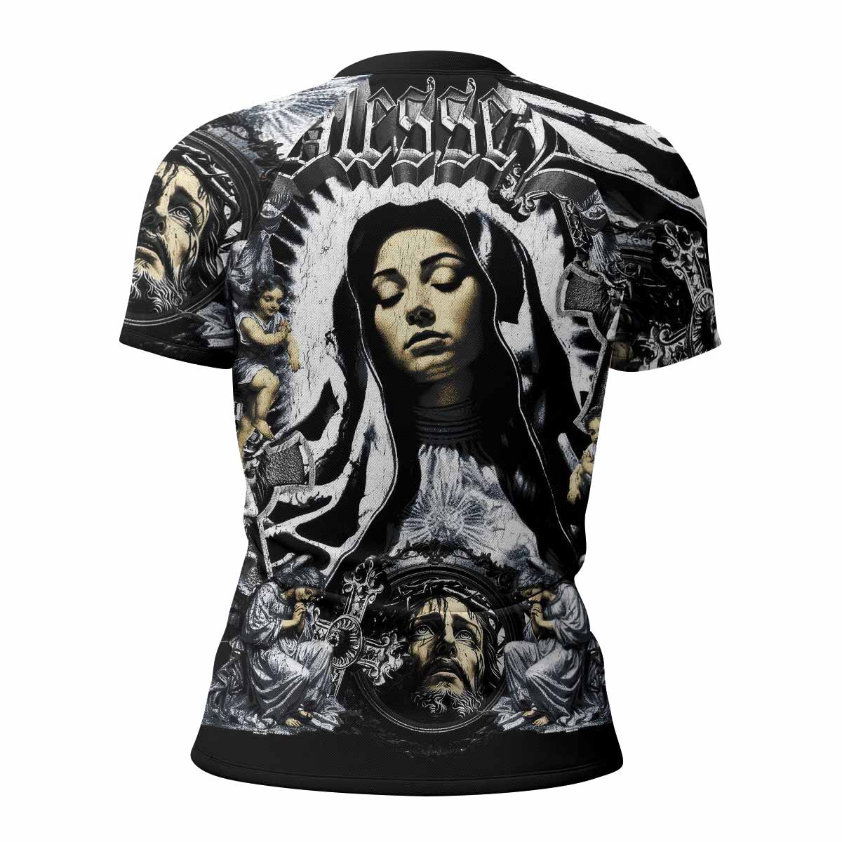 Blessed Saint Women's Rash Guard Short Sleeve – back view mockup 