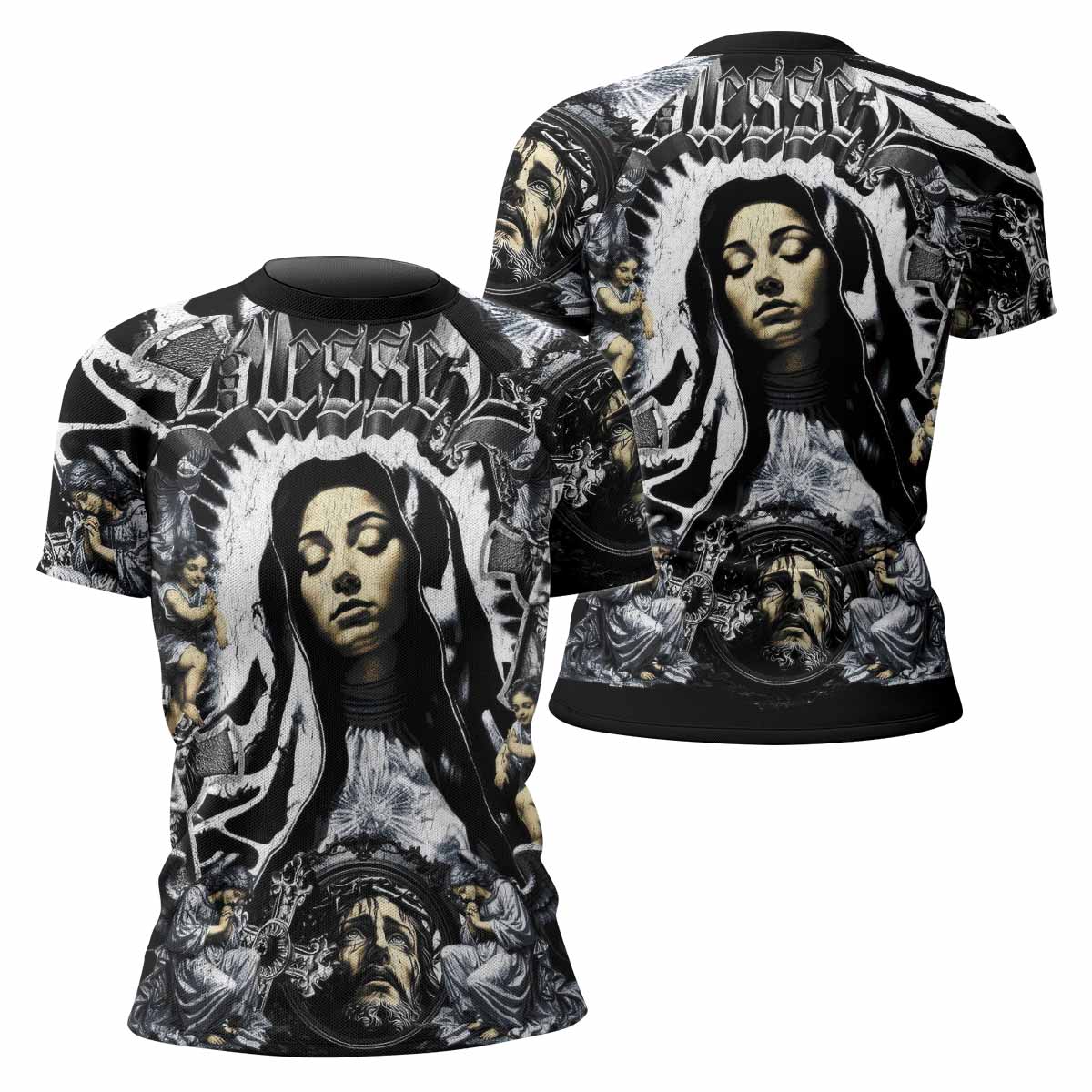Blessed Saint Women's Rash Guard Short Sleeve – front and back view